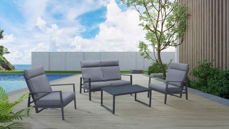 KONIFERA Gartenlounge-Set Detroit, (Set, 4-tlg., 1x 2er Sofa, 2x Sessel, 1x Tisch 100x60x42 cm, Aluminium), verstellbare Rückenlehnen