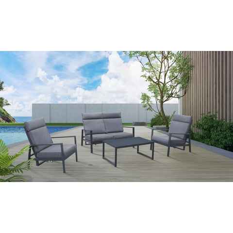 KONIFERA Gartenlounge-Set Detroit, (Set, 4-tlg., 1x 2er Sofa, 2x Sessel, 1x Tisch 100x60x42 cm, Aluminium), verstellbare Rückenlehnen