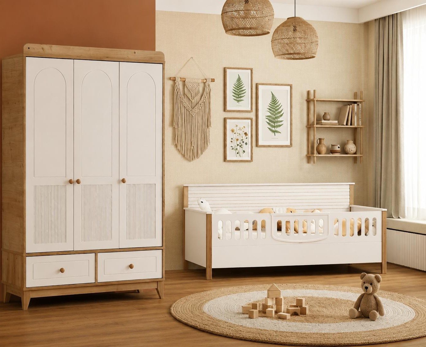 Xlmoebel Kinderkleiderschrank Moderner Kinderkleiderschrank aus hellem Holz mit weißen Türen (3 Türen, 2 Schubladen) Made in Europa