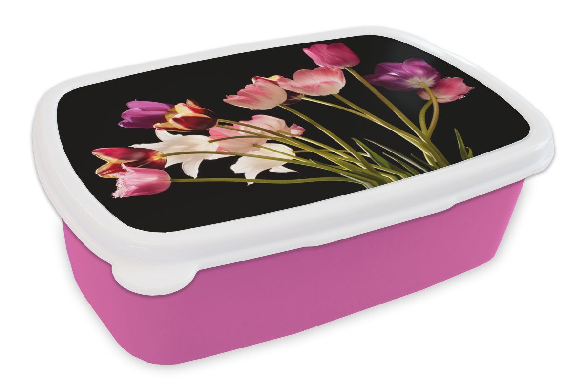 MuchoWow Lunchbox Stillleben - Tulpen - Farben, Kunststoff, (2-tlg), Brotbox für Erwachsene, Brotdose Kinder, Snackbox, Mädchen, Kunststoff rosa