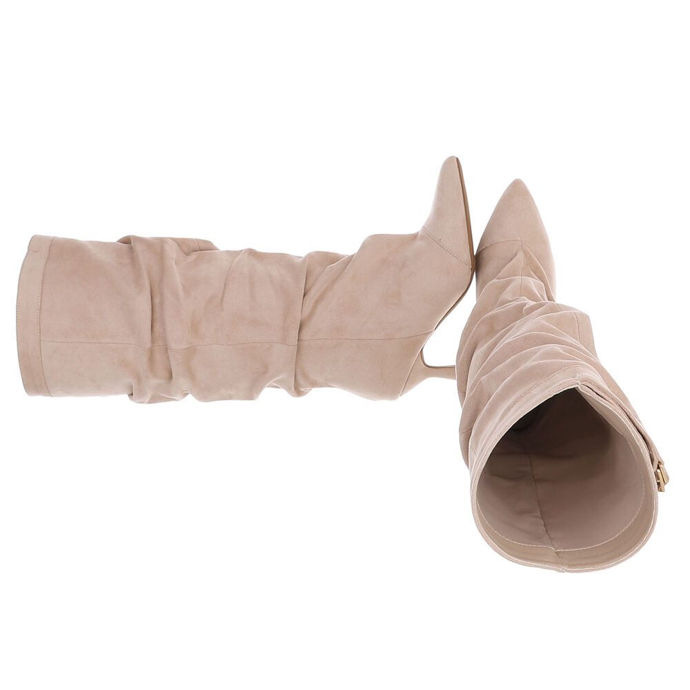 Ital-Design Damen Kniehohe Stiefel mit Absatz und Wickeloptik Stiefel (92214367) Pfennig-/Stilettoabsatz Stiefel in Beige