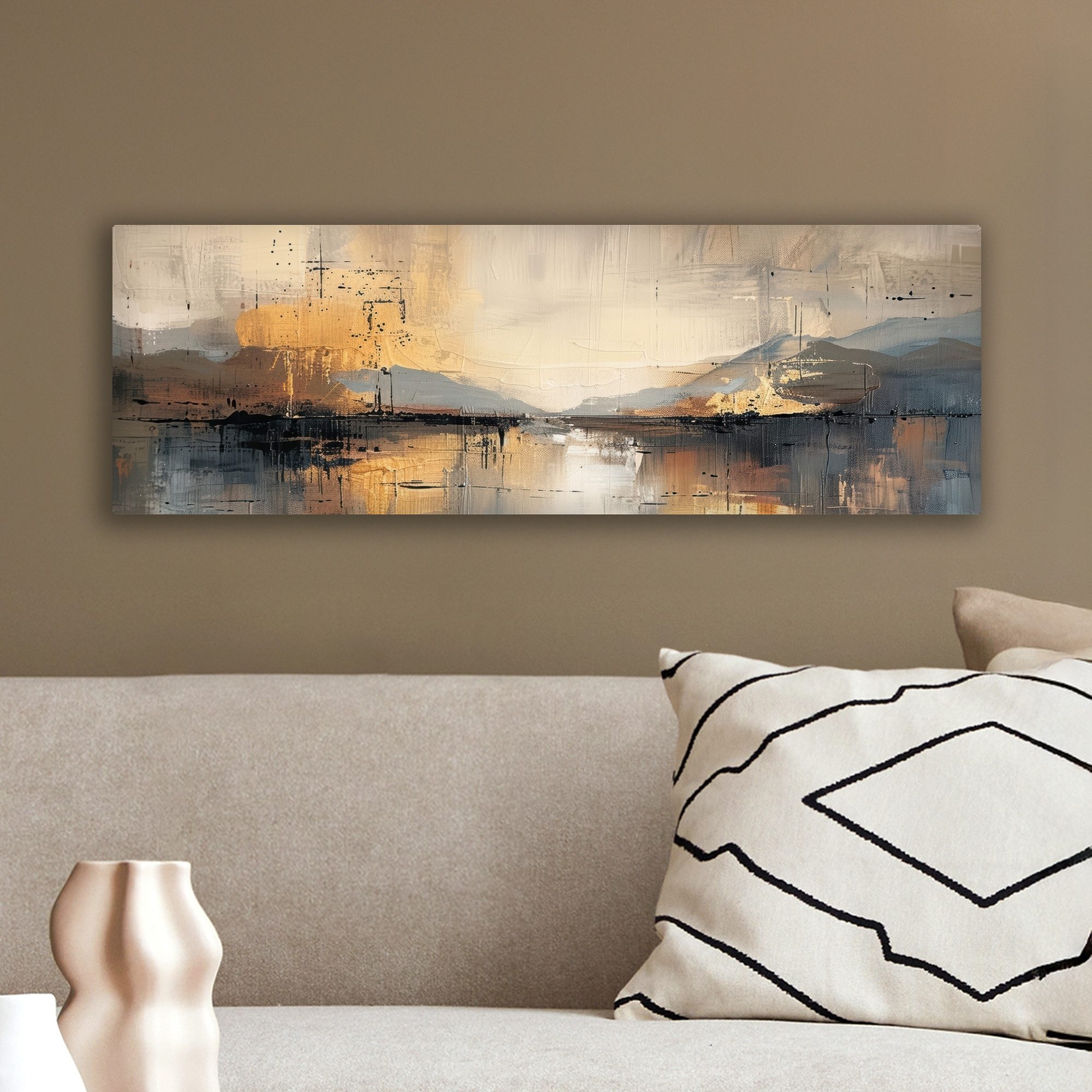OneMillionCanvasses® Leinwandbild Panorama Abstrakt - Modern - Beige - Ästhetisch - Gold, Fotodruck (1 St), Wandbild, Deko Schlafzimmer Wohnzimmer Flur 60x20 cm – Bild 4 von 5