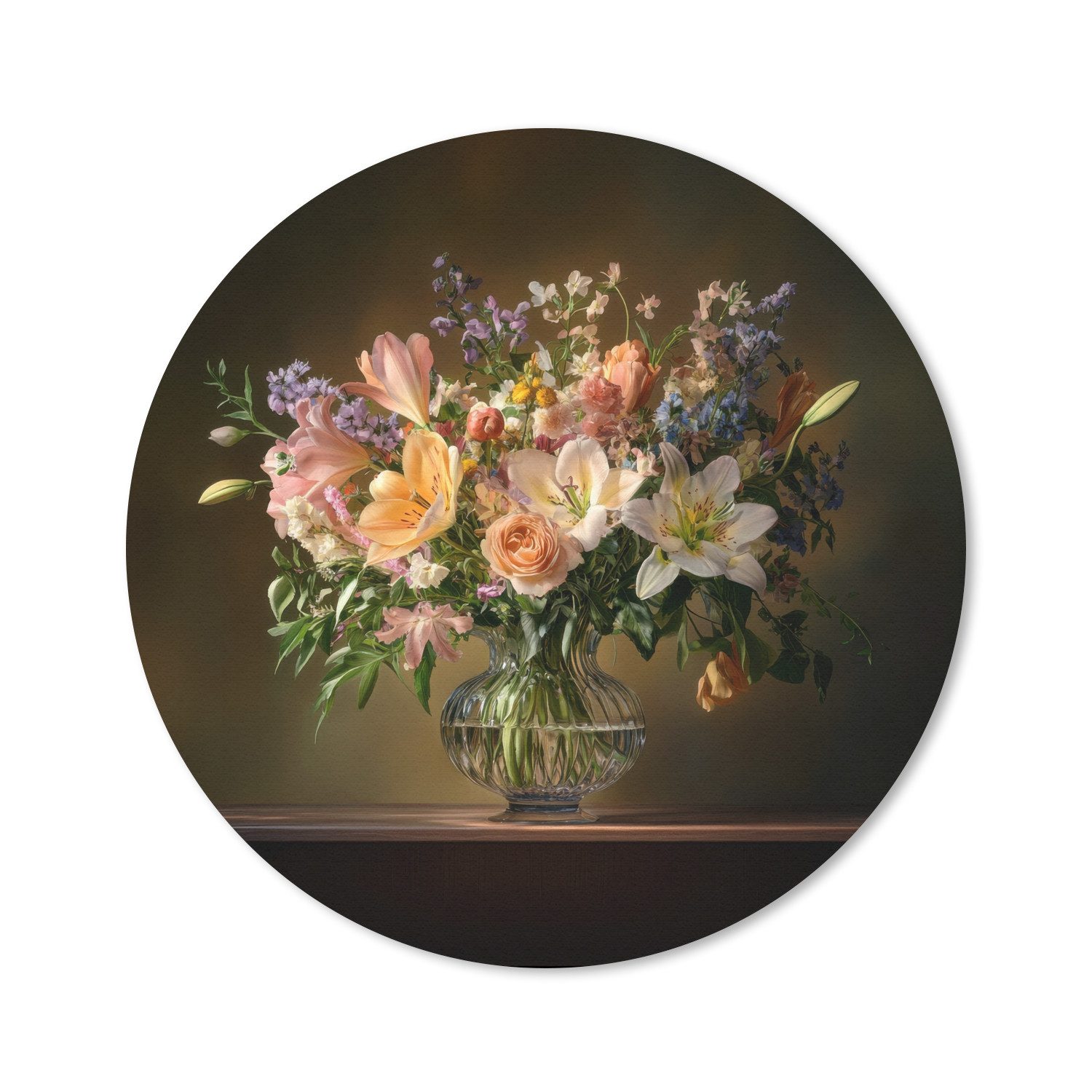 MuchoWow Mauspad Gläser - Blumen - Blumenstrauß - Farben (1-St), Gaming, Rutschfester Unterseite, Mausunterlage, Rund 50x50 cm