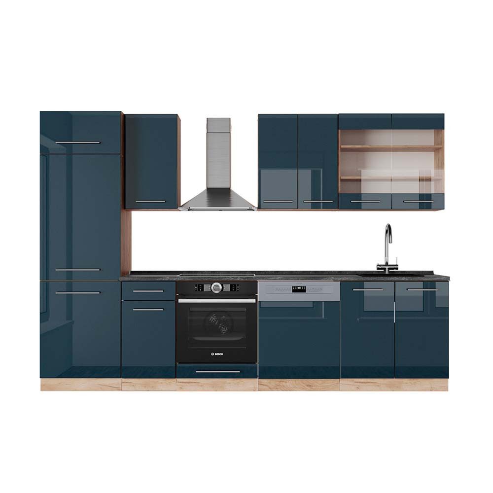 Vicco Küchenzeile Fame-Line, Dunkelblau Hochglanz/Goldkraft Eiche, 300 cm, AP Anthrazit