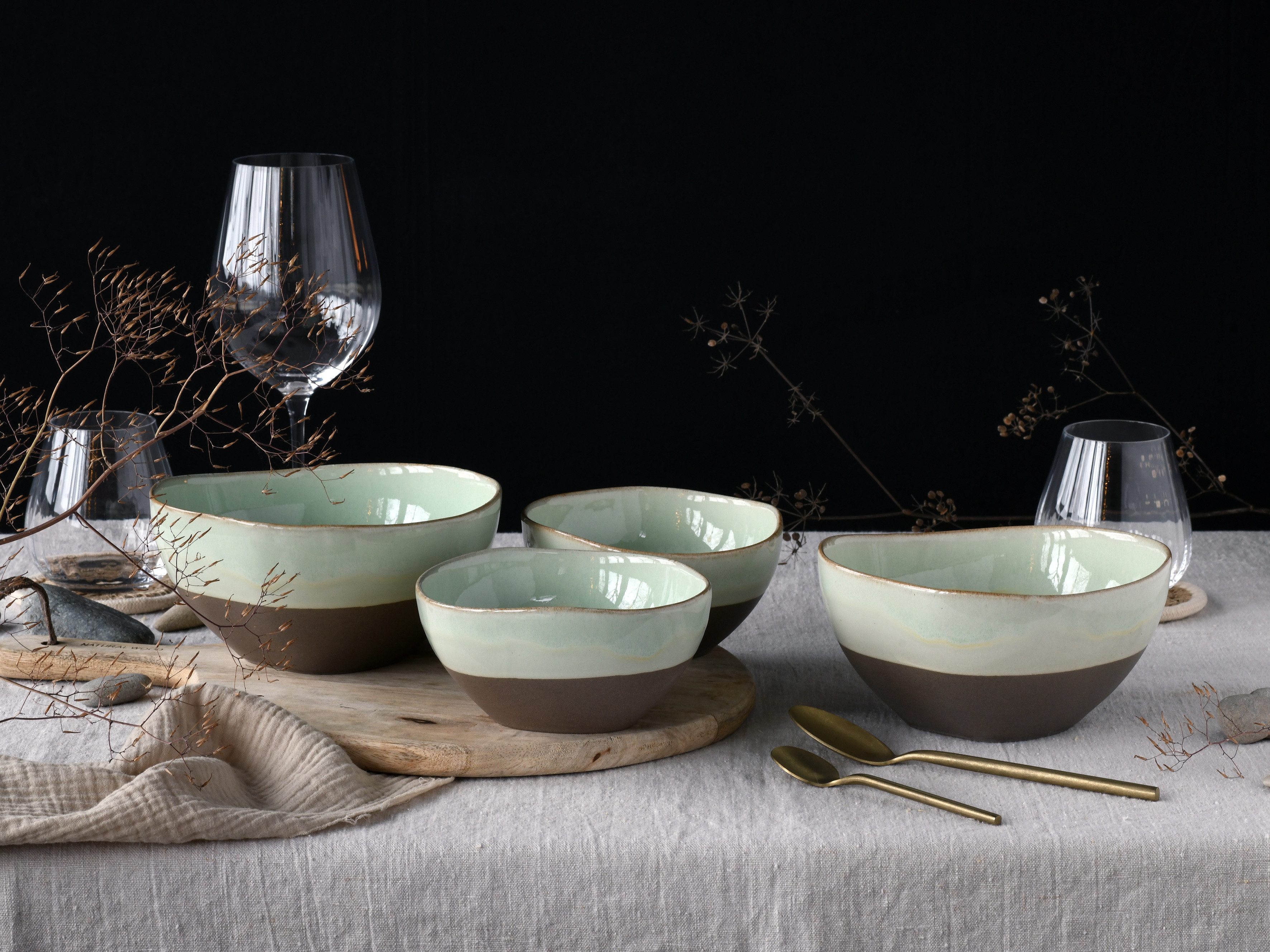 CreaTable Schale Basalt Bio, Bowl Set 4-tlg, Steinzeug, (Set, 4-tlg), Organische Form, Jedes Teil ein Unikat