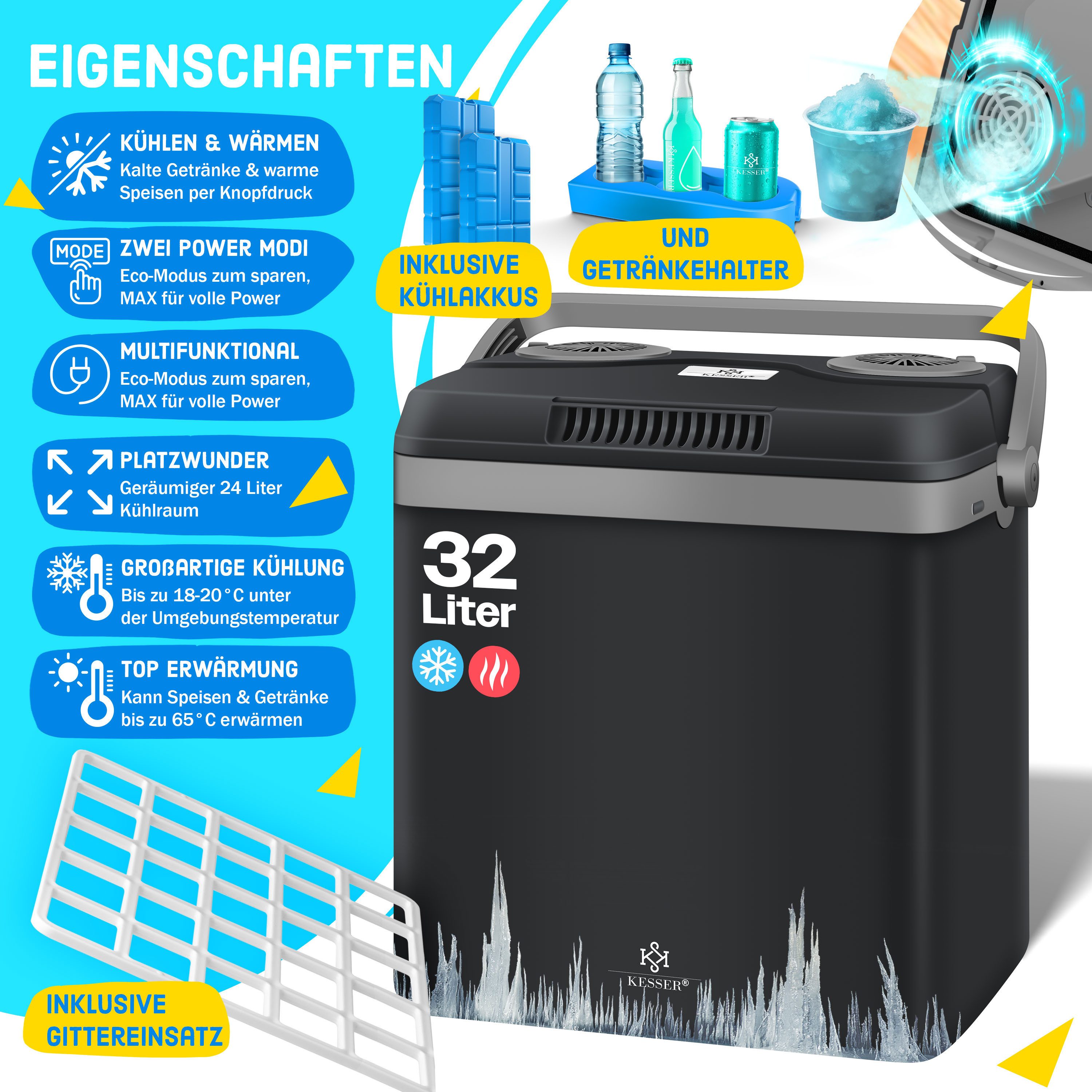 KESSER Kühlbox, 32 l, Thermoelektrische Kühlbox kühlt & wärmt 12V / 230V Mini-Kühlschrank