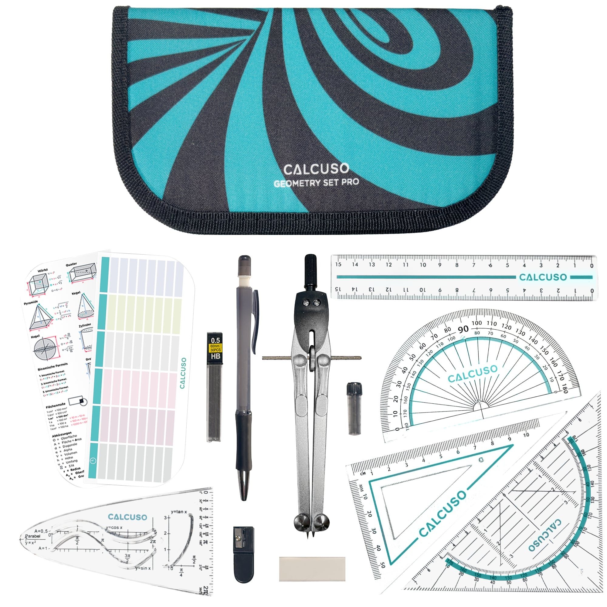 CALCUSO Zirkel Set im Federmäppchen mit Geodreieck & Lineal, Geometrieset - Türkis