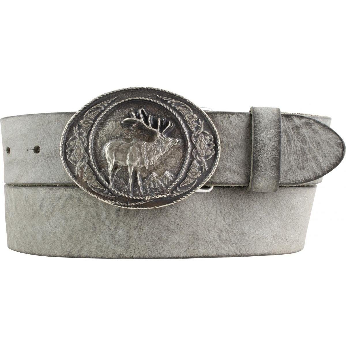 BELTINGER Ledergürtel Jagd-Gürtel mit Hirsch-Gürtelschnalle aus weichem Vollrindleder 4 cm U Dunkelgrau, Altsilber