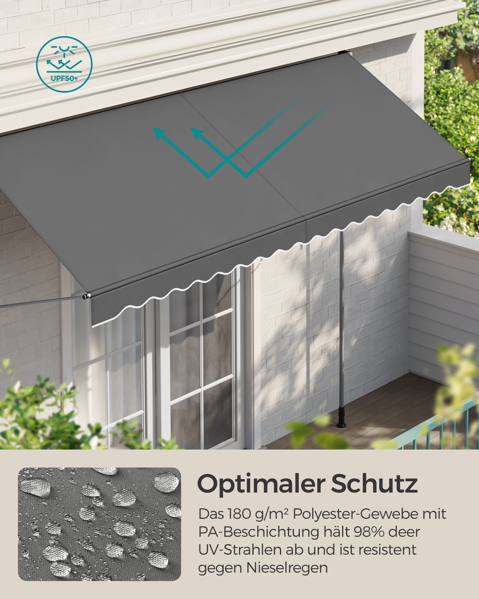 SONGMICS Klemmmarkise Balkonmarkise höhenverstellbar UV-beständig wasserabweisend (ohne Bohren mit Handkurbel inkl. Zubehörpaket & Anleitung) Sonnenschutz, 350 x 120 x 220–300 cm (L x B x H)