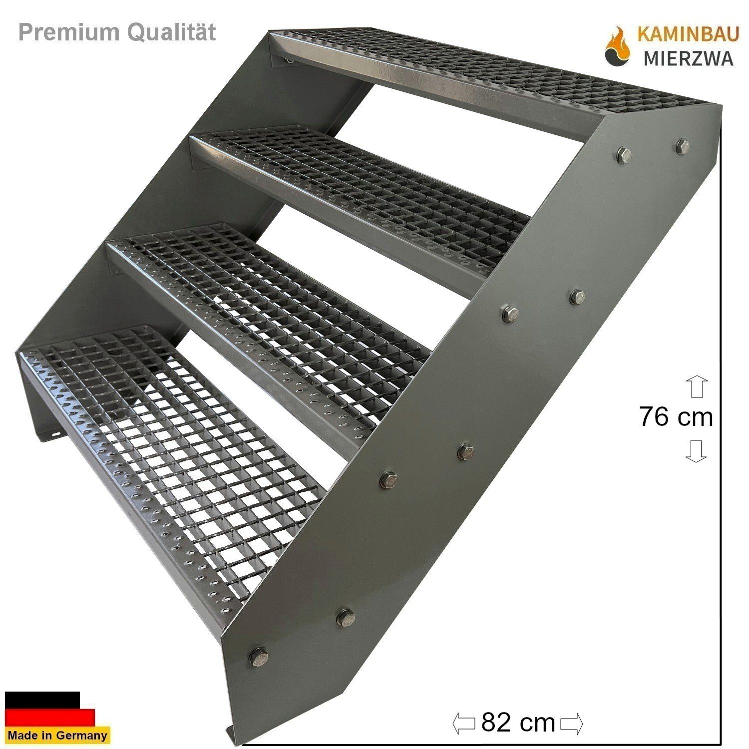 Kaminbau Mierzwa Außentreppe Premium Treppe Komplett Silber Höhe Verstellbar, für Geschosshöhen bis 76 cm, Stufen Gitterroststufen nach DIN 24531, (Höhe 76 cm, Breite wählbar aus 60, 80, 100, 120, 140 cm), Gartentreppe Stahltreppe Wetterfest Rostfrei Feuer-Verzinkt Rutschfest