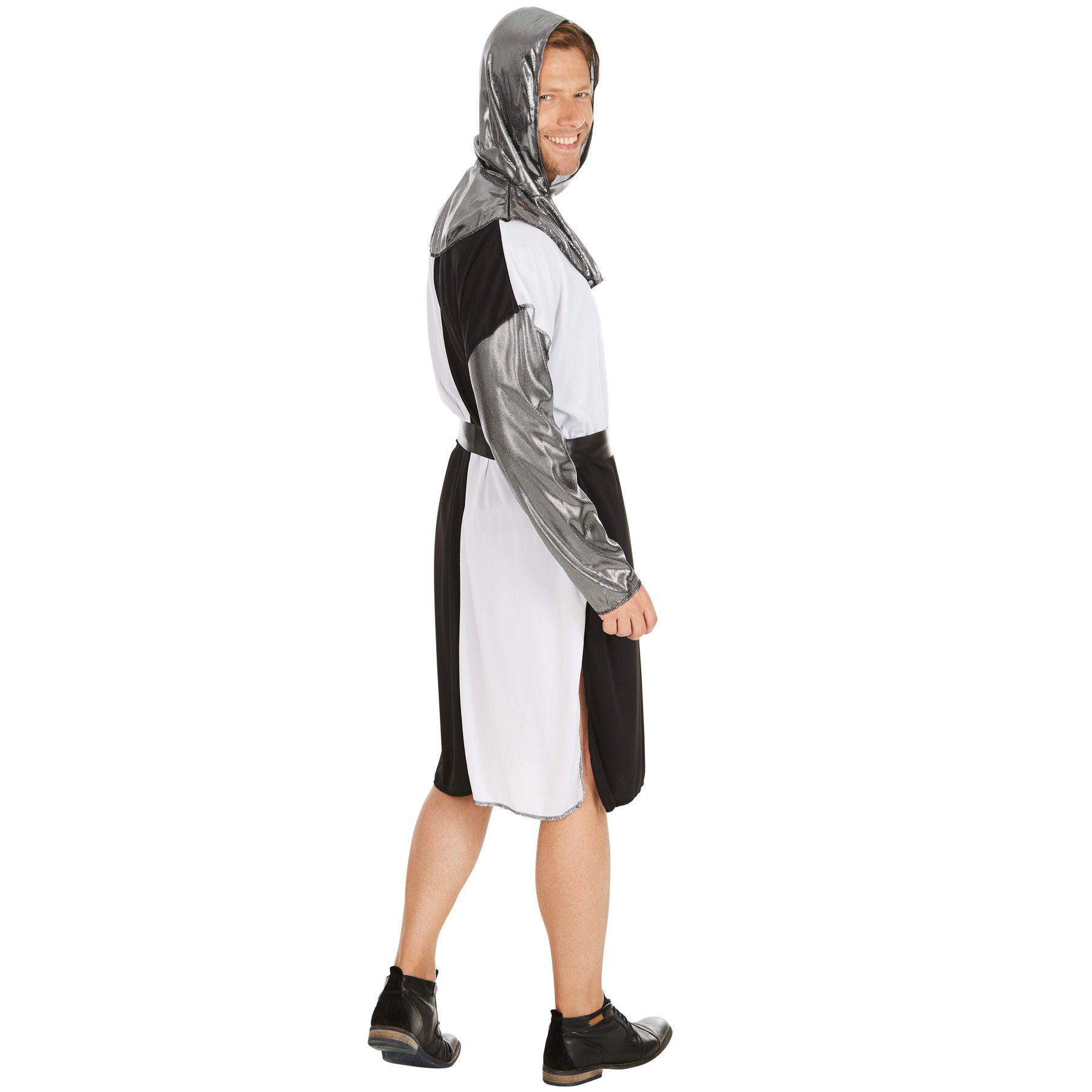 dressforfun Kostüm Edelmann/Kavalier, Gr. L, Langarmshirt mit Ärmeln in Metalloptik, in schwarz/grau/weiß, Kapuzen-Cape in Metalloptik und ein Gürtel