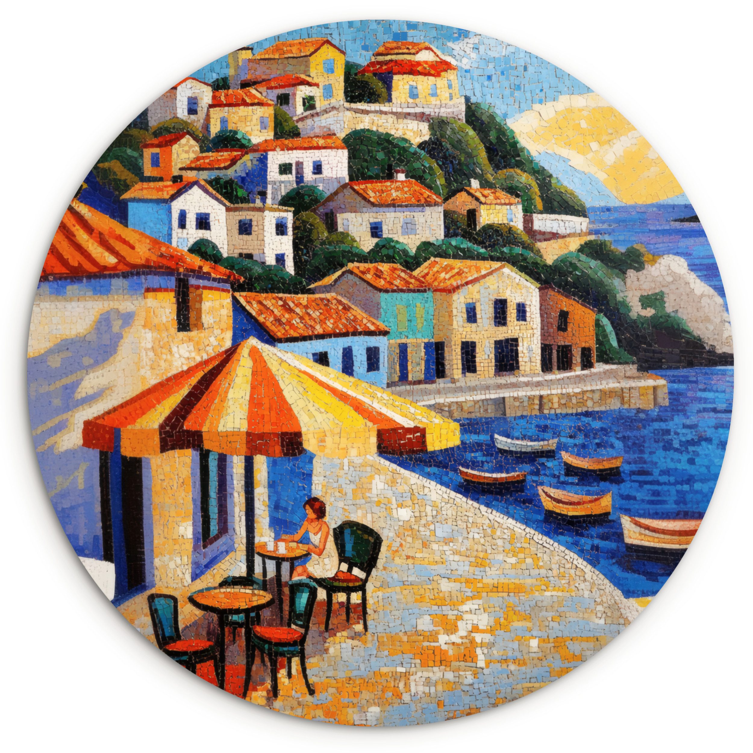 MuchoWow Gemälde Küstendorf - Ferienhäuser - Mosaik - Meer, Fotodruck (1 St), Kreis Wanddekoration, Rundes Wandbild, 30x30 cm