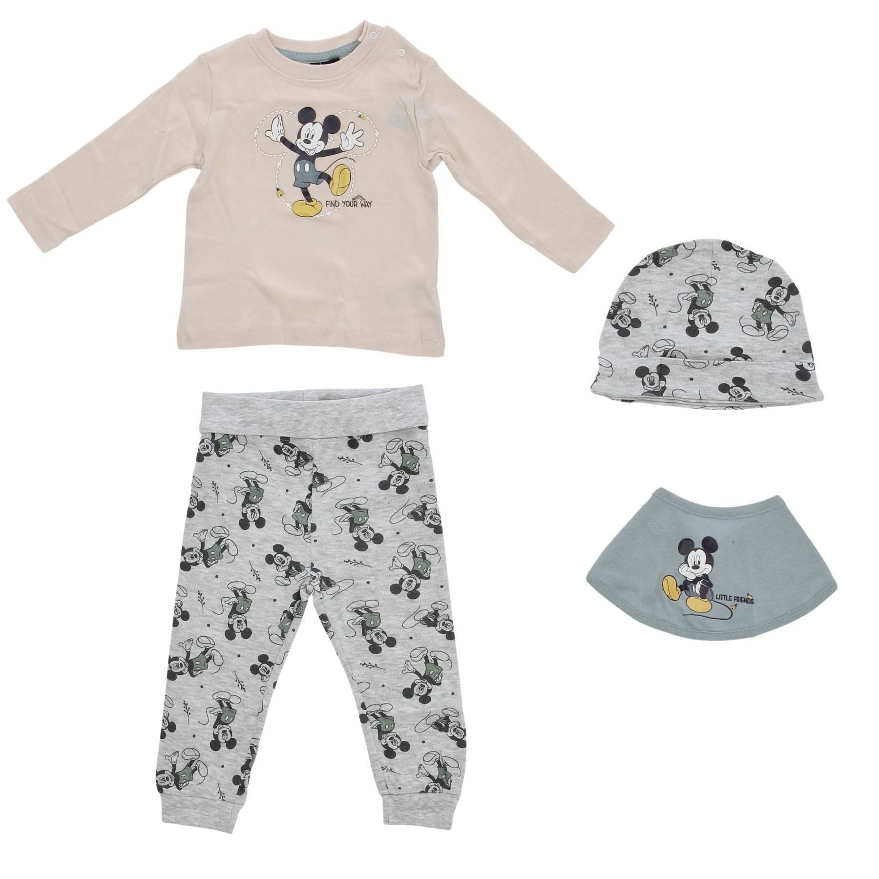 Disney Mickey Mouse Erstausstattungspaket Baby Set 4-teilig aus Baumwolle – Langarmshirt, Hose, Mütze & Halstuch