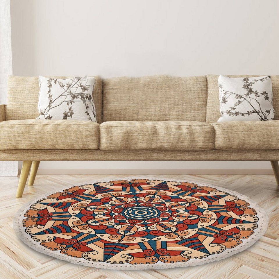 Teppich Vintage Quaste Marokko Rund Teppich, Geometrische Bodenmatte,  Waschbar, Sunicol, Boho Flachgewebe Teppich für Wohnzimmer, Schlafzimmer,  Eingang, Garten