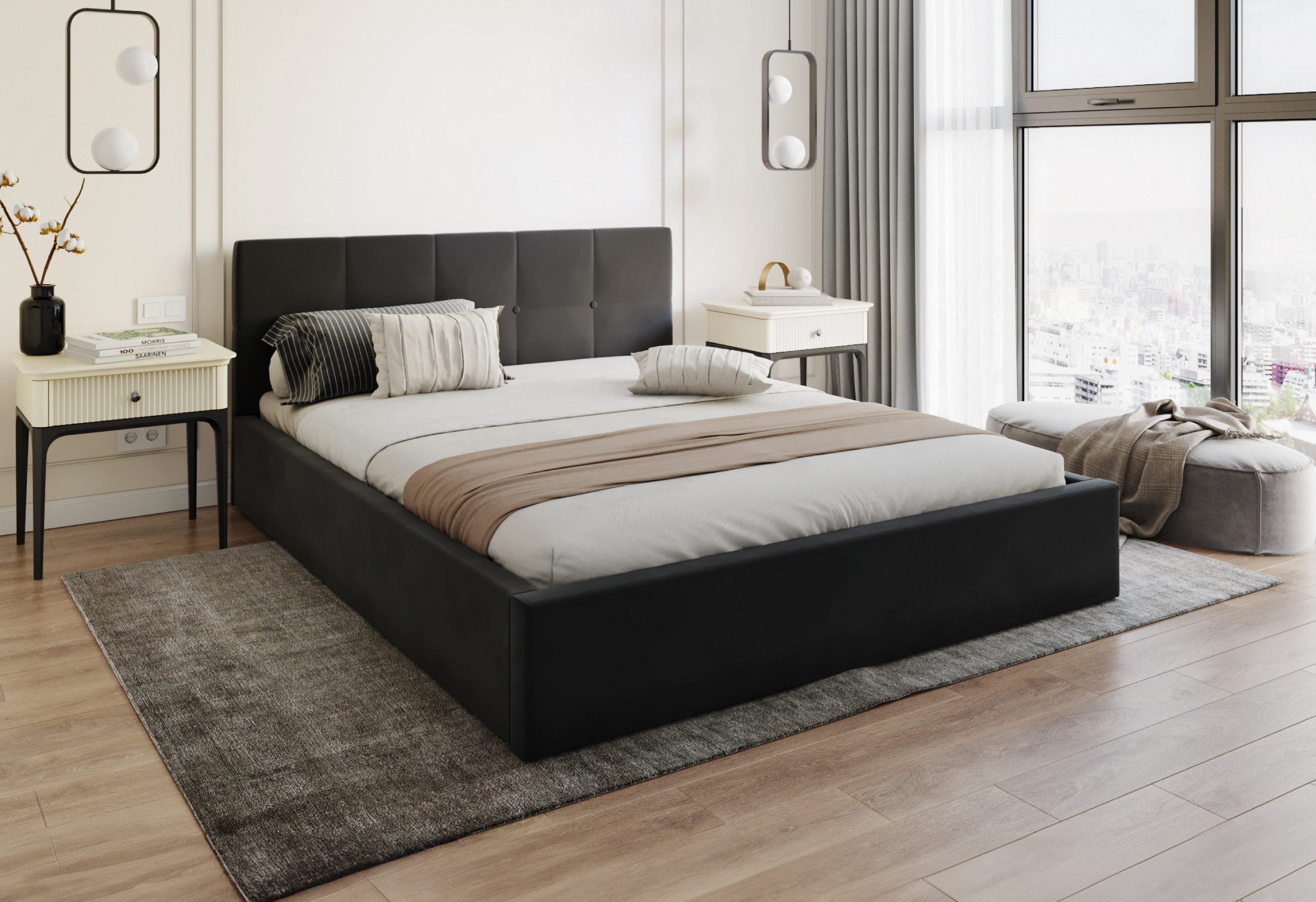 FDM Polsterbett VEGAS Bettkasten MADE IN EU - mit hochwertigem Paris Bezug (verfügbar 90x200 120x200 140x200 160x200 180x200cm, Bettrahmen, Bett, mit großen gepolsternetn Kopfteil, mit Bettkasten zum ausklappen), Hebbarer Metallrahmen, Bettkasten, ohne Matratze