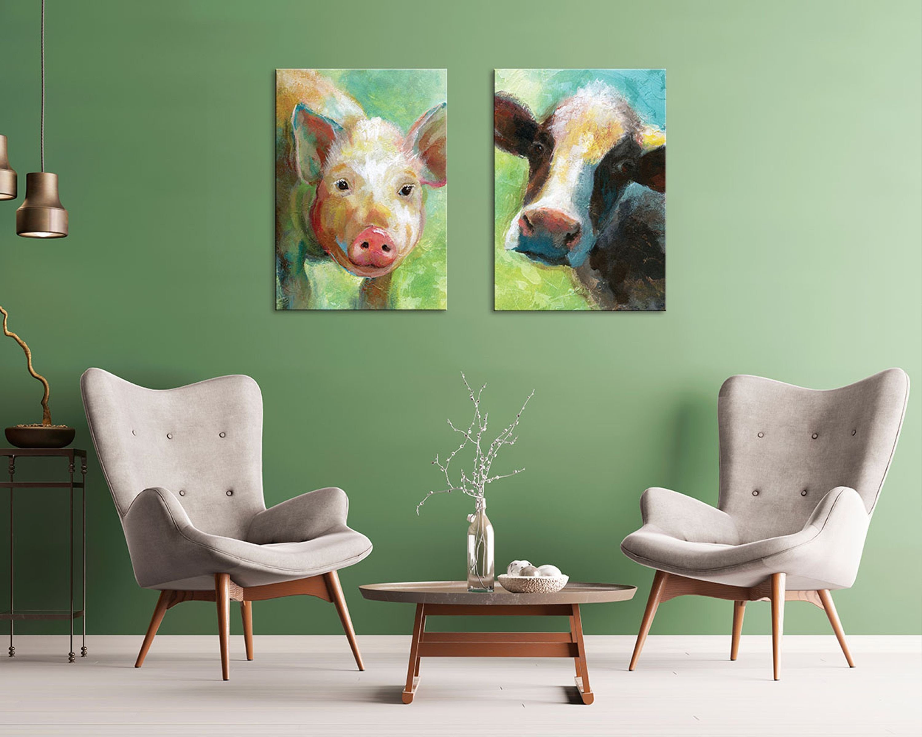artissimo Tiere artissimo Bild auf Colorful Leinwandbild Kuh grün, Cow Nan: Kunst-Edition 50x70cm Quirky Leinwand Rind
