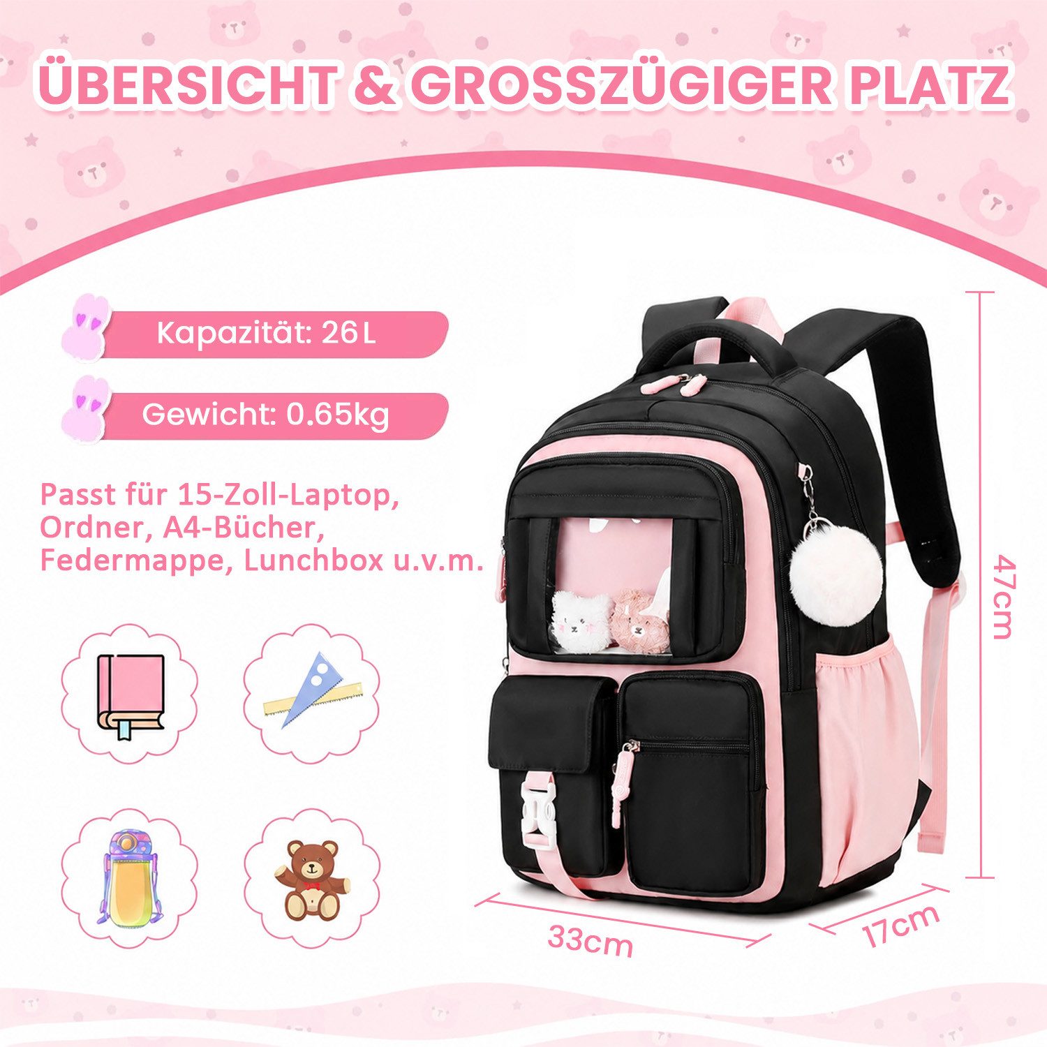 MOPUEA Schulrucksack Atmungsaktiv Schulrucksack Rucksack Schultasche Kawaii Büchertasche (Mit 3 süßen Anhängern), Turnbeutel Lässiger Schulranzen Jungen Teenage – Bild 2 von 5