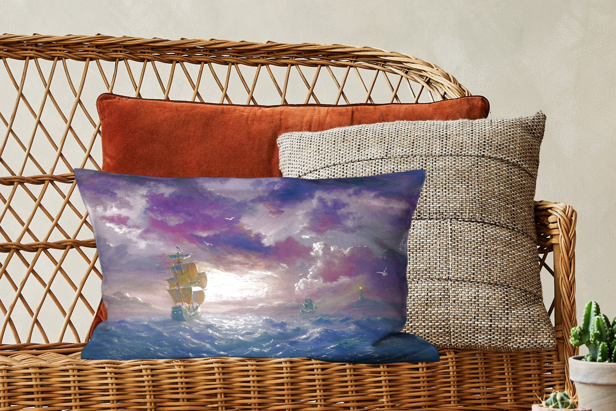 MuchoWow Dekokissen Wohzimmer mit Himmel, Schlafzimmer Segelschiffs Füllung, Zierkissen, unter Dekokissen Dekoration, Illustration violetten einem eines