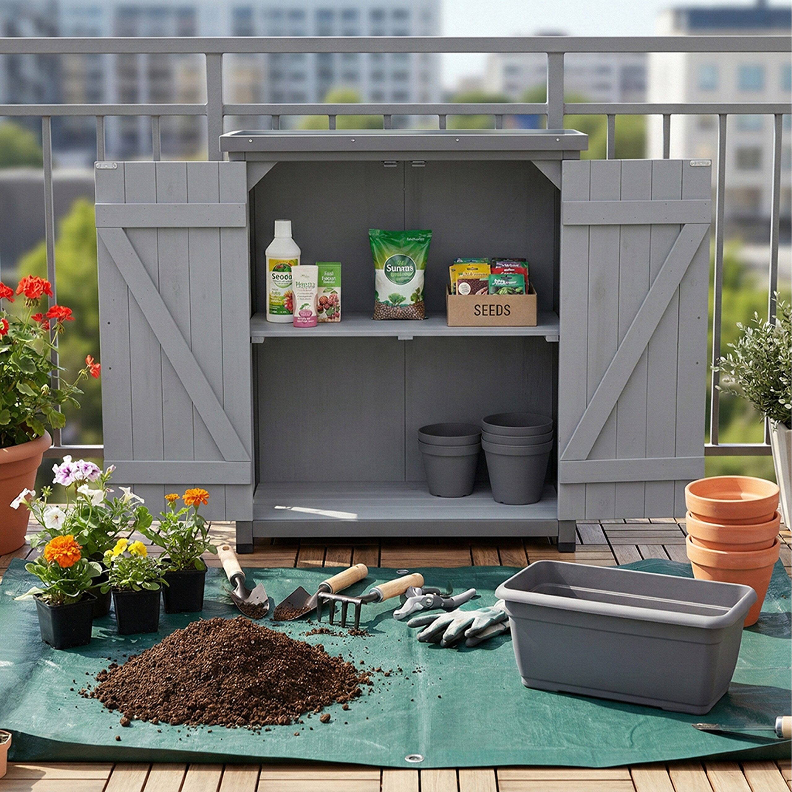 relaxdays Pflanztisch mit Unterschrank, grau
