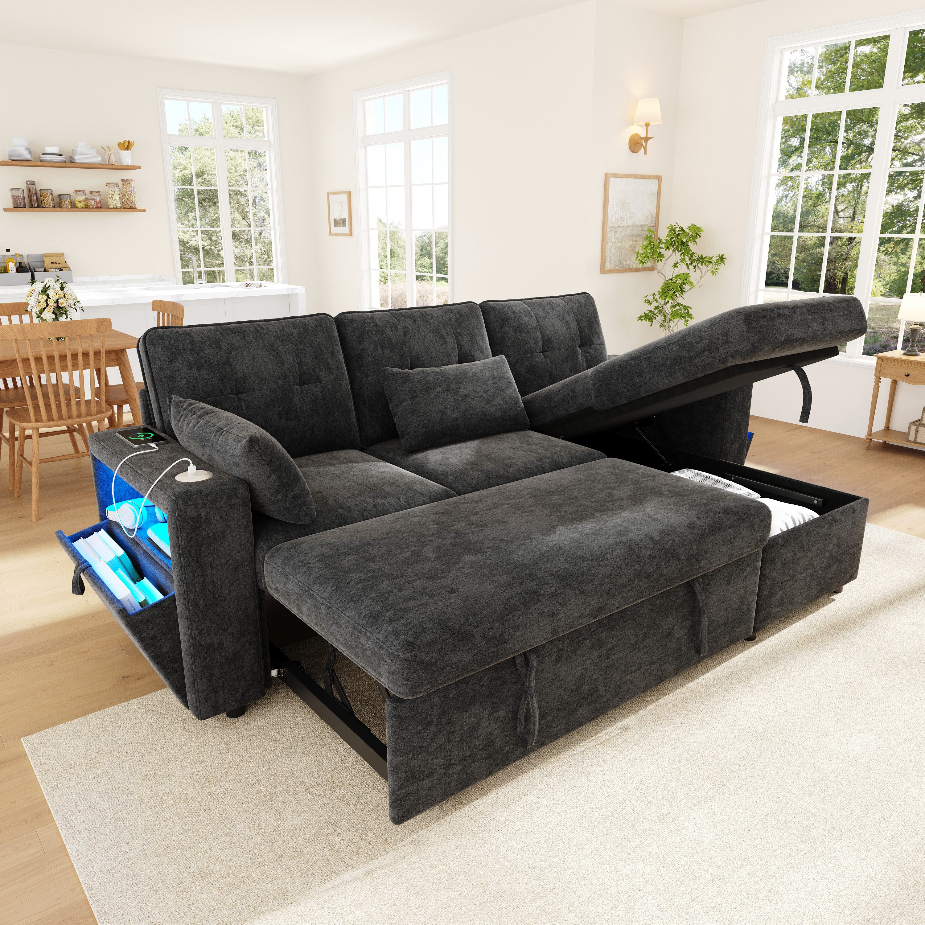 Merax Ecksofa mit Schlaffunktion, Schlafsofa mit wechselbarer Chaiselongue, Chenille, 213 x 131 x 83 cm 1 Teile, Eckcouch mit LED …