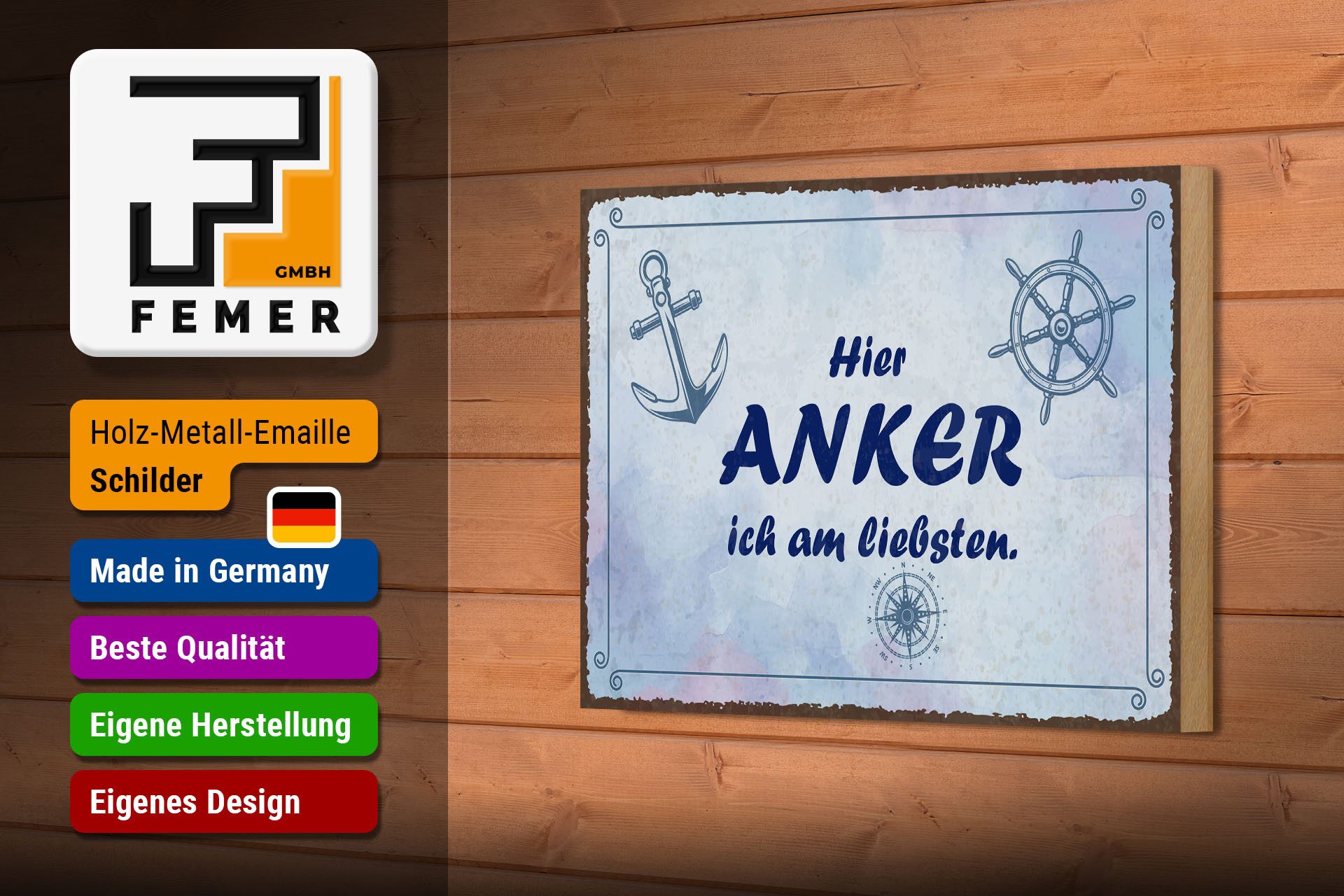 Femer GmbH Holzbild Spruch 12x18 cm Hier Anker ich am liebsten, (1 St), Glatte Holzfaserplatte (MDF), vorn beschichtet