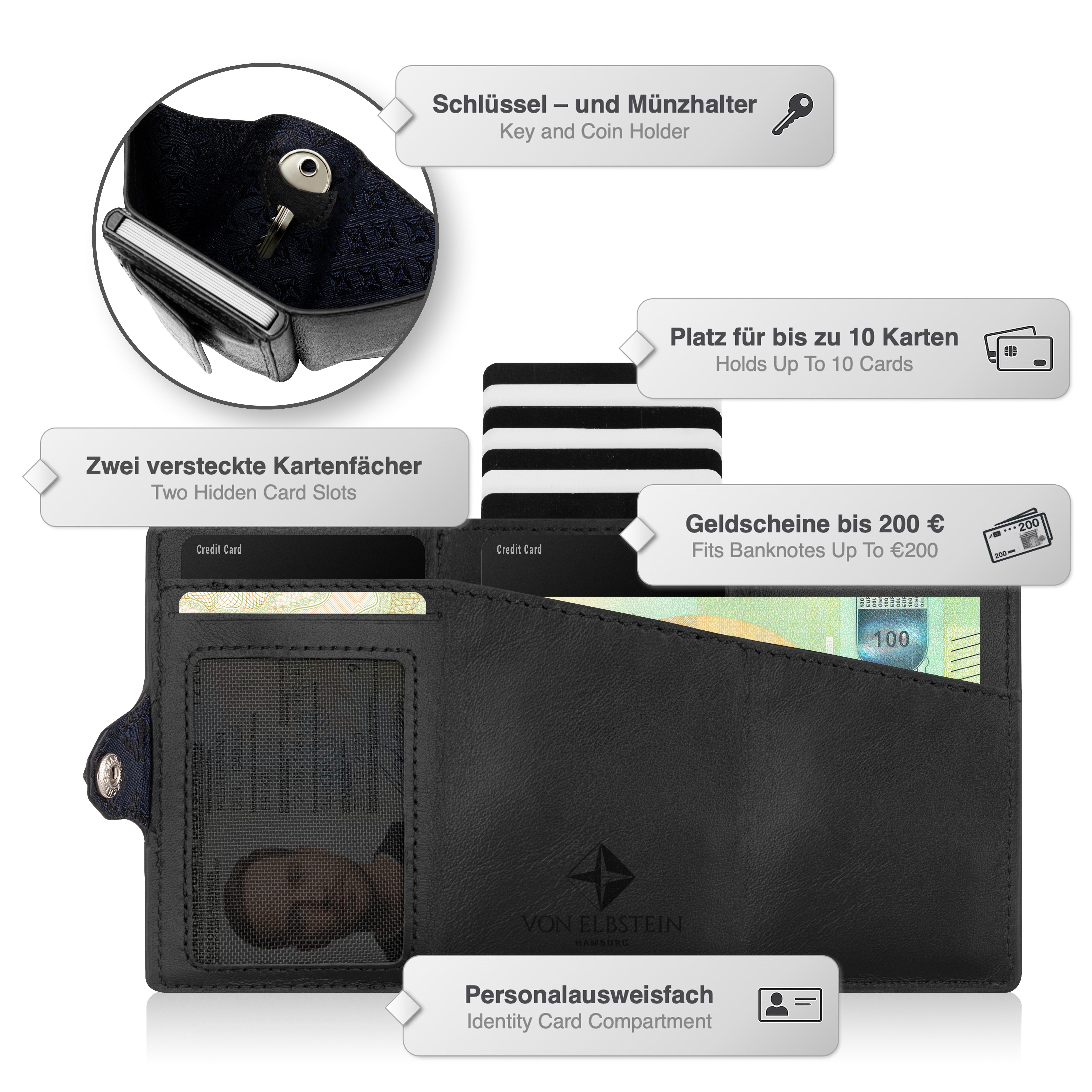 von Elbstein Hamburg Smart-Wallet 'Fiete'. Echtleder Geldbörse mit Card-Holder. Slim Wallet mit Münzfach (Designed in Hamburg, Handgefertigt, Made in Europe), K – Bild 4 von 5
