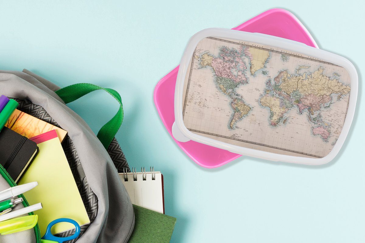 Brotbox Kunststoff Kinder, rosa Lunchbox Brotdose (2-tlg), Farben, - Weltkarte Erwachsene, Snackbox, für Kunststoff, Mädchen, Retro MuchoWow -