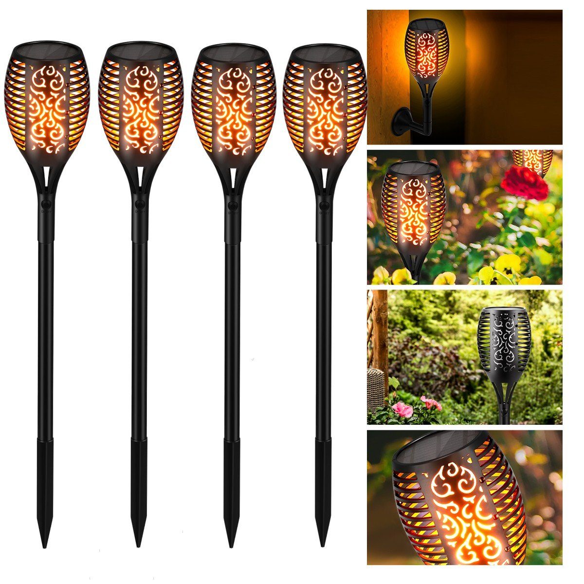 OULENBIYAR Gartenleuchte Solarleuchten für Außen Garten 4 Stück, 96LED GROßE Solarlampe, LED fest integriert, Warmweiß, 77cm Höhe, Solar Fackel Gartenfackeln, IP65 Wasserdicht Solarlampe, für Außen, Gärten, Weg, Hinterhöfe, Rasen