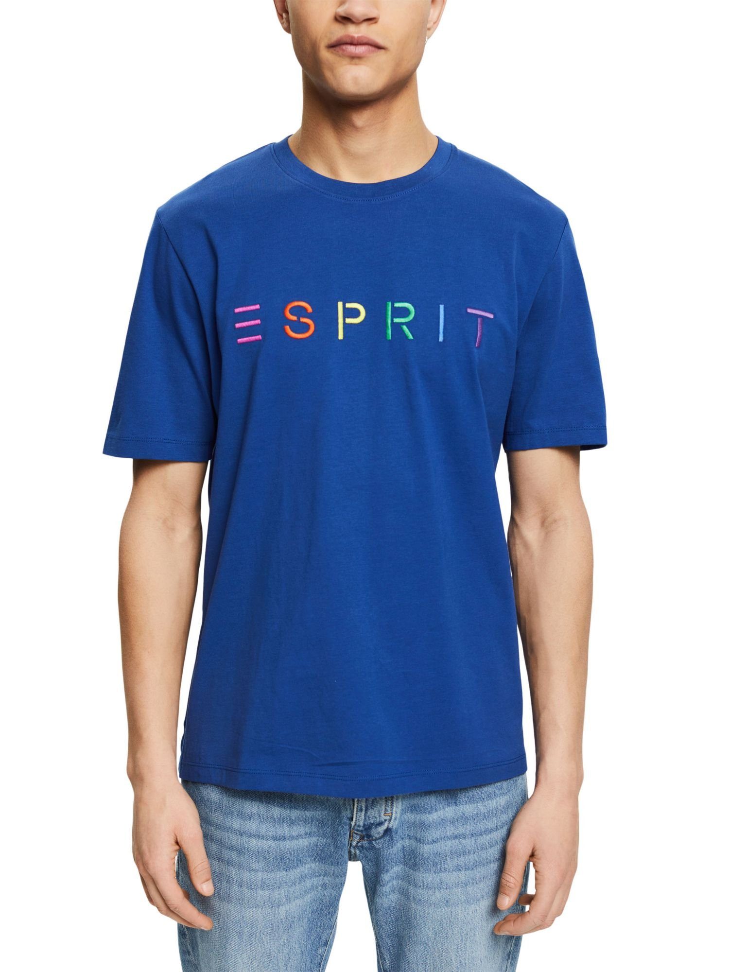 Esprit T-Shirt Jersey-T-Shirt mit (1-tlg) BRIGHT BLUE Logo-Stickerei