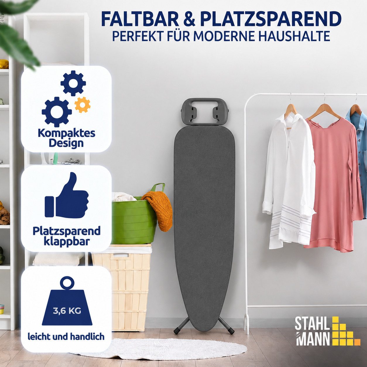 STAHLMANN Bügelbrett [110 × 32 cm] Schwarz 4-fach höhenverstellbar Made in EU, Bügelfläche 110x32 cm, 110 × 32 cm · Schwarz · 4-fach höhenverstellbar · – Bild 2 von 5
