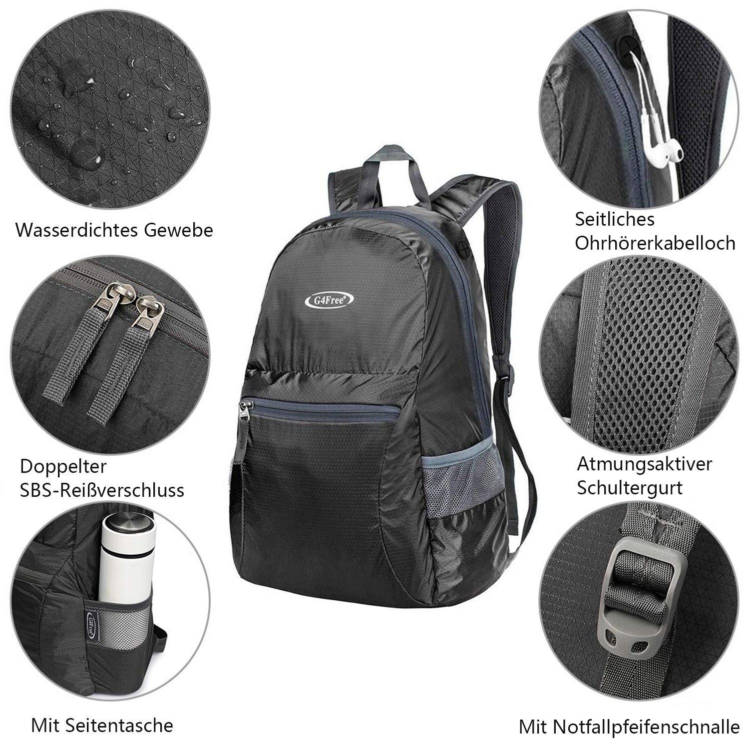 Faltbarer 20L Freizeitrucksack, Schwarz Wanderrucksack G4Free Ultraleichter