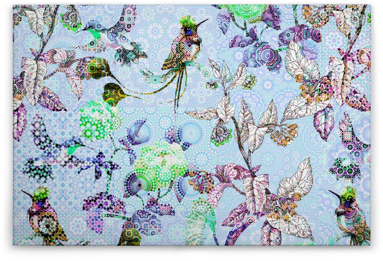 A.S. Création Leinwandbild exotic mosaic, Vögel (1 St), Mosaik Keilrahmen Bild Floral Blumen Vögel blau, grün, gelb