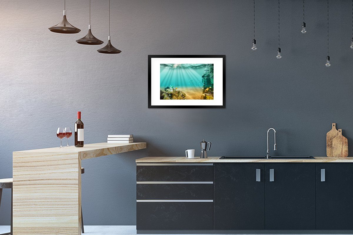 MuchoWow Poster Meer - Fisch - Wasser, (1 St), mit Rahmen, Kunstdruck, Gerahmtes Poster, Schwarzem Bilderrahmen