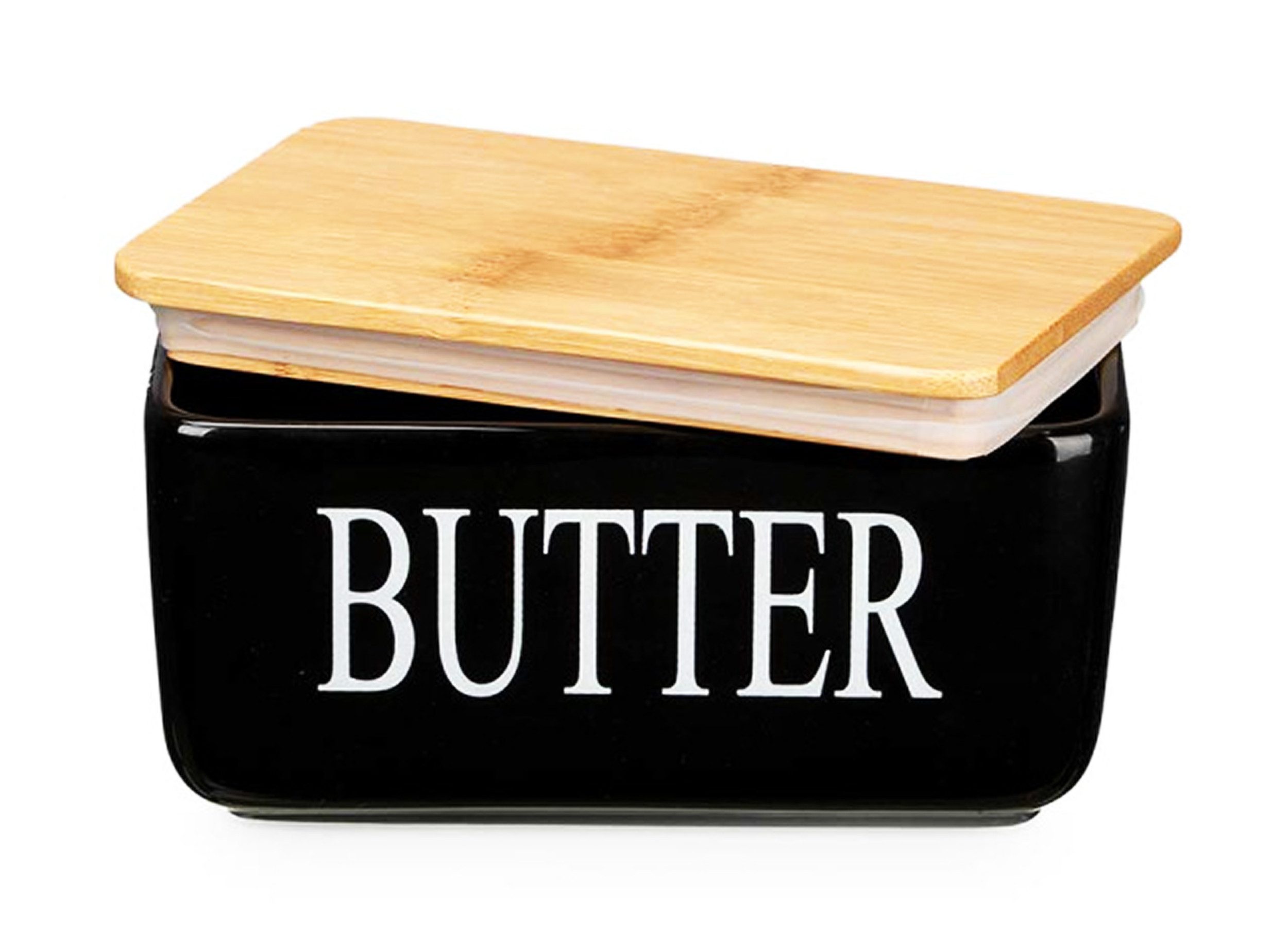 KINVARA Butterdose BUTTERDOSE aus Keramik und Bambus mit Deckel Schwarz Butterglocke 10, Kühlschrank Butterschale Butterbehälter Butterbüchse Butter Box