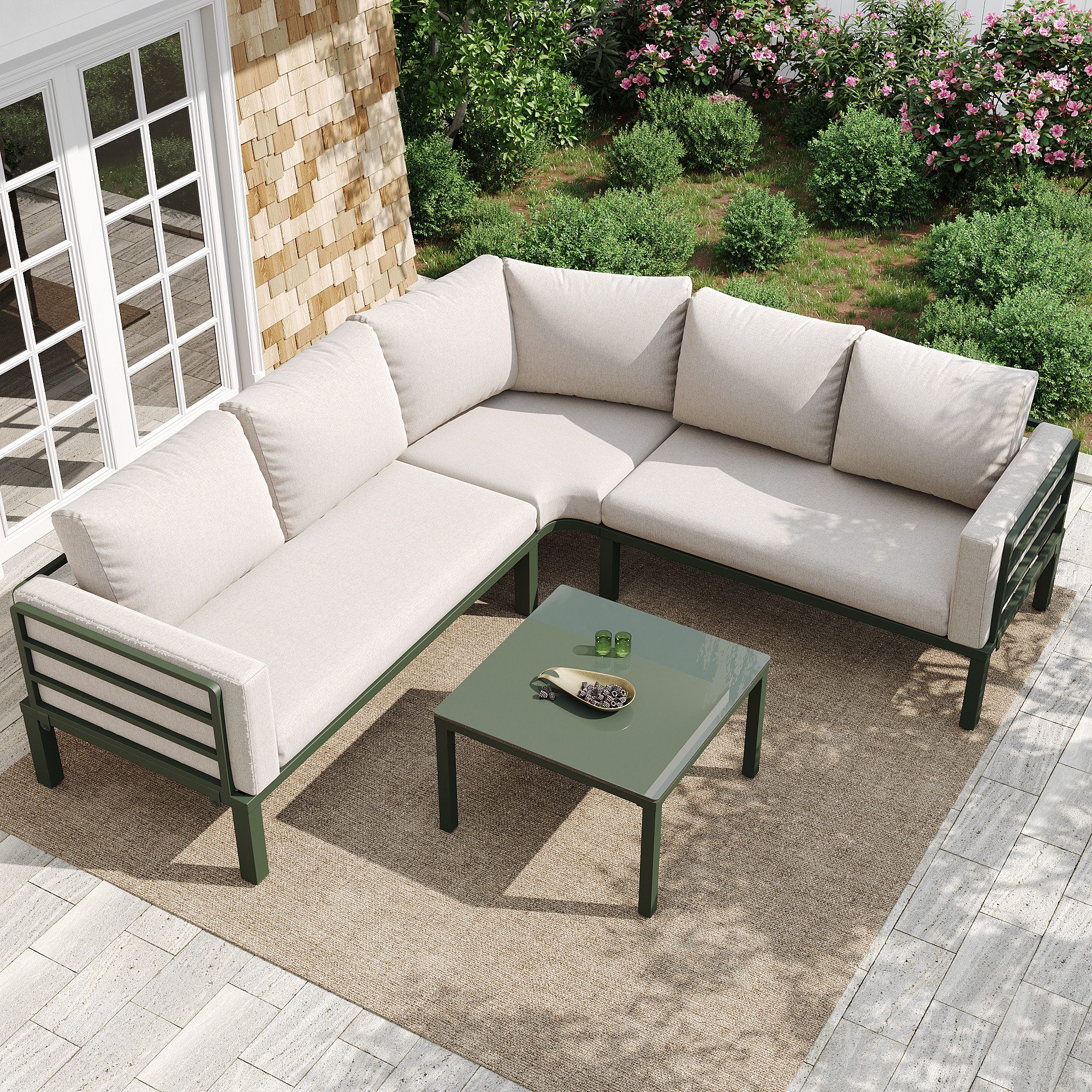 Flieks Gartenlounge-Set, 5-Sitzer Gartenmöbel Gartensofa mit Couchtisch aus gehärtetem Glas
