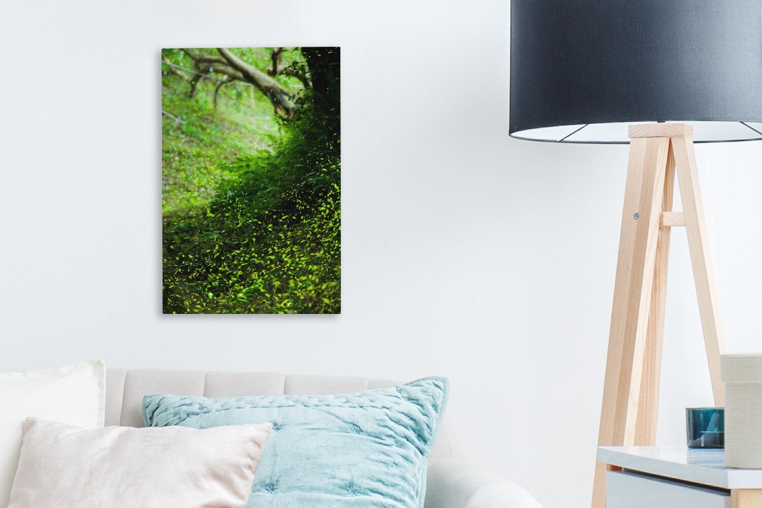 Glühwürmchen 20x30 Zackenaufhänger, inkl. Leinwandbild einer Gemälde, der OneMillionCanvasses® cm grünen St), (1 Landschaft Tageslichtstunden, während bespannt in fertig Leinwandbild