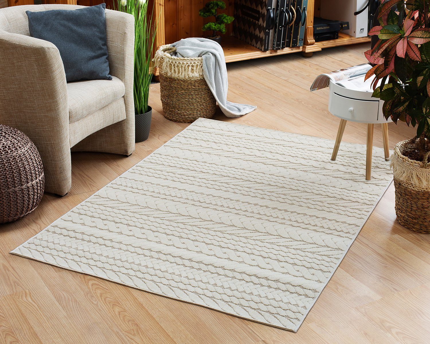 Teppich In- und Outdoor-Teppich Braided Pattern aus Kunststoff für Innen und Außen, DomDeco Beige