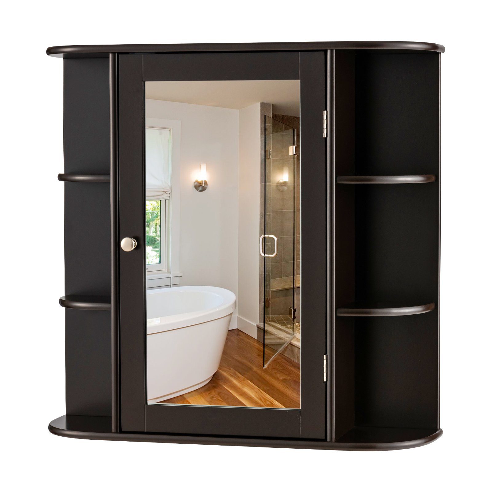 COSTWAY Spiegelschrank mit Spiegeltür, Fächern, Ablagen, 65x17x63cm Braun | Spiegelschränke