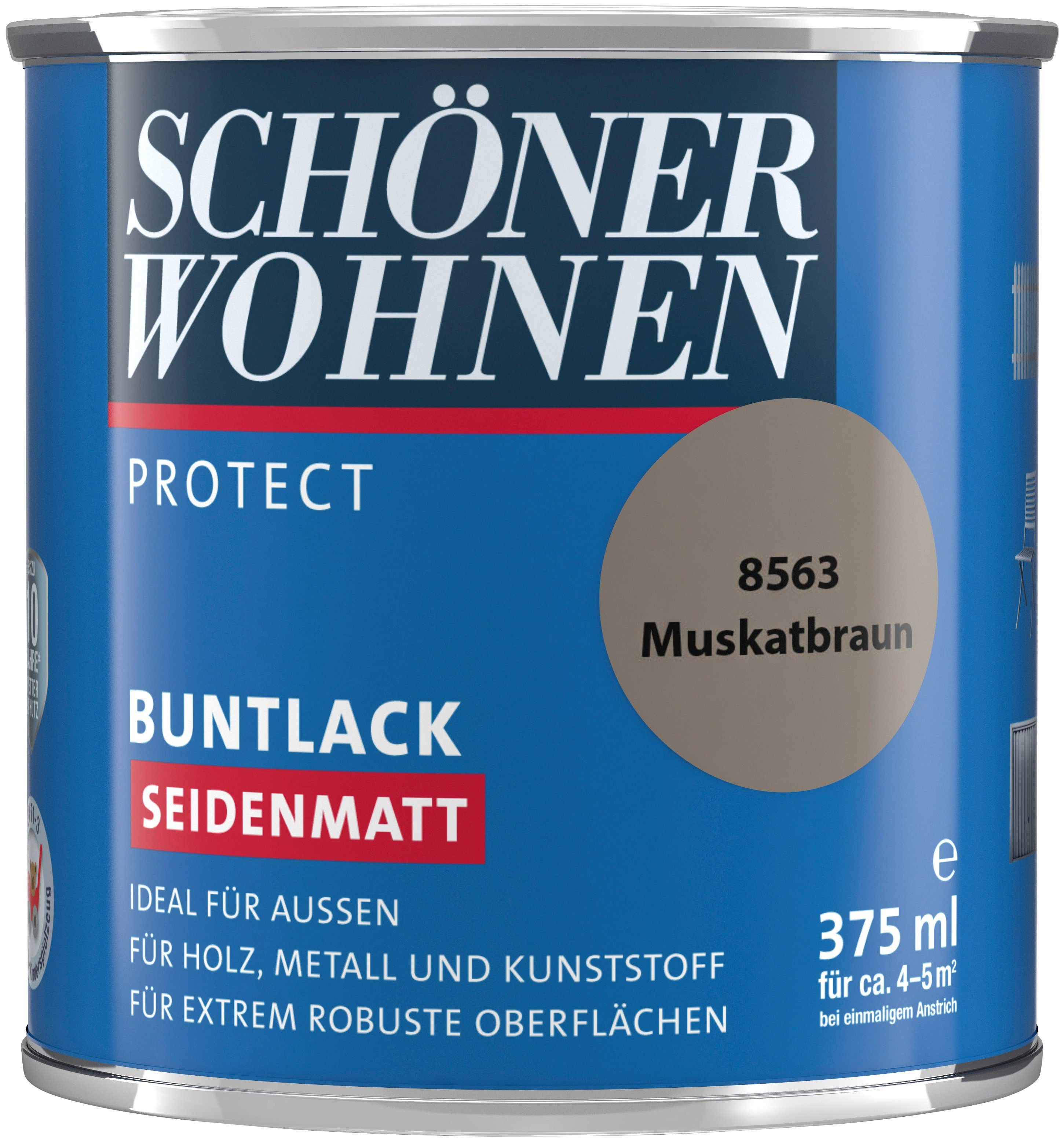 SCHÖNER WOHNEN FARBE Lack Protect Buntlack, 375 ml, muskatbraun, seidenmatt, ideal für außen