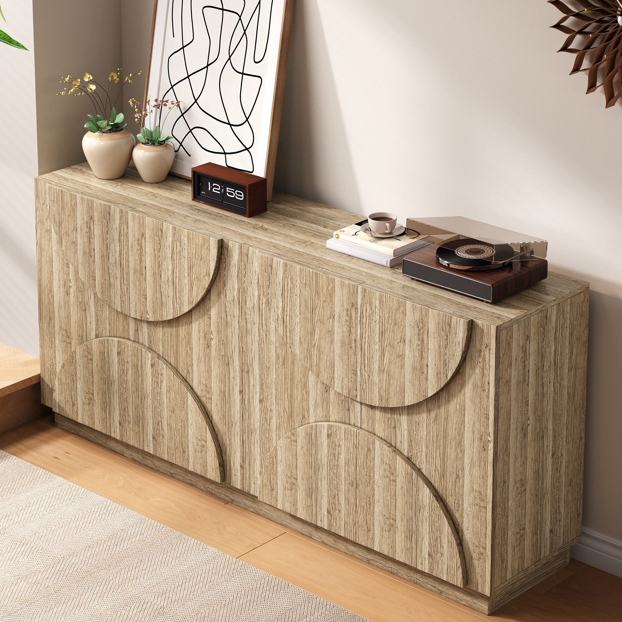 Merax Sideboard mit 4 Türen und flexiblen Einlegeböden (1 St., Anrichte mit Rebounder), Aufbewahrungsschrank Kommode in natürlicher Holzmaserung, 160x40x80cm – Bild 5 von 5