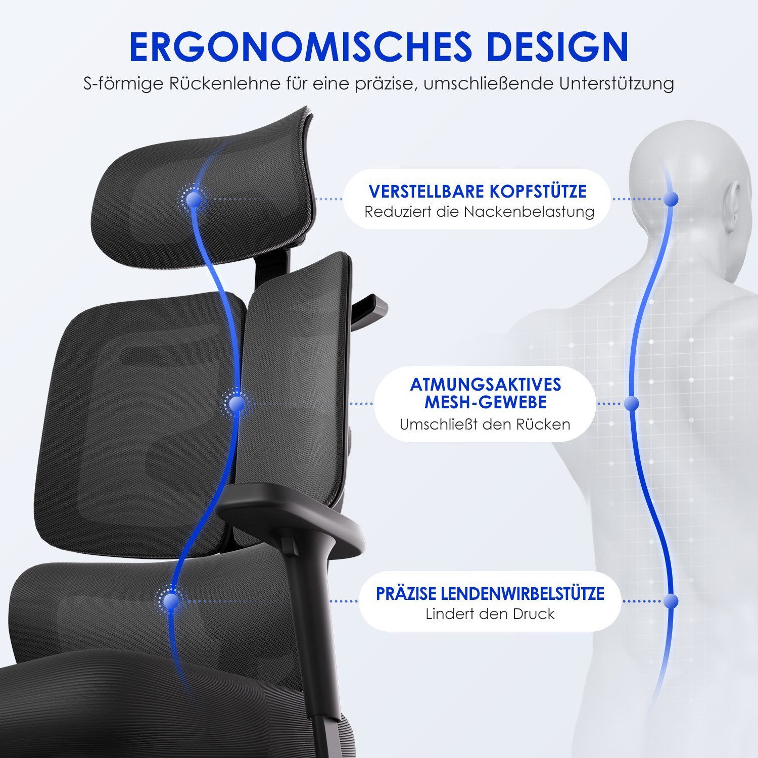 Hiazurm Bürostuhl Bürostuhl, Chefsessel, ergonomischer Schreibtischstuhl, atmungsaktiv (3-stufig arretierbare Rückenlehne, adaptives Rückenlehnendesign, dynamische, selbsteinstellende 20°-Lendenwirbelstütze, verstellbare 3D-Kopfstütze, 6D-Multifunktionsarmlehnen), Atmungsaktiver Netzbezug,Bis 200 kg
