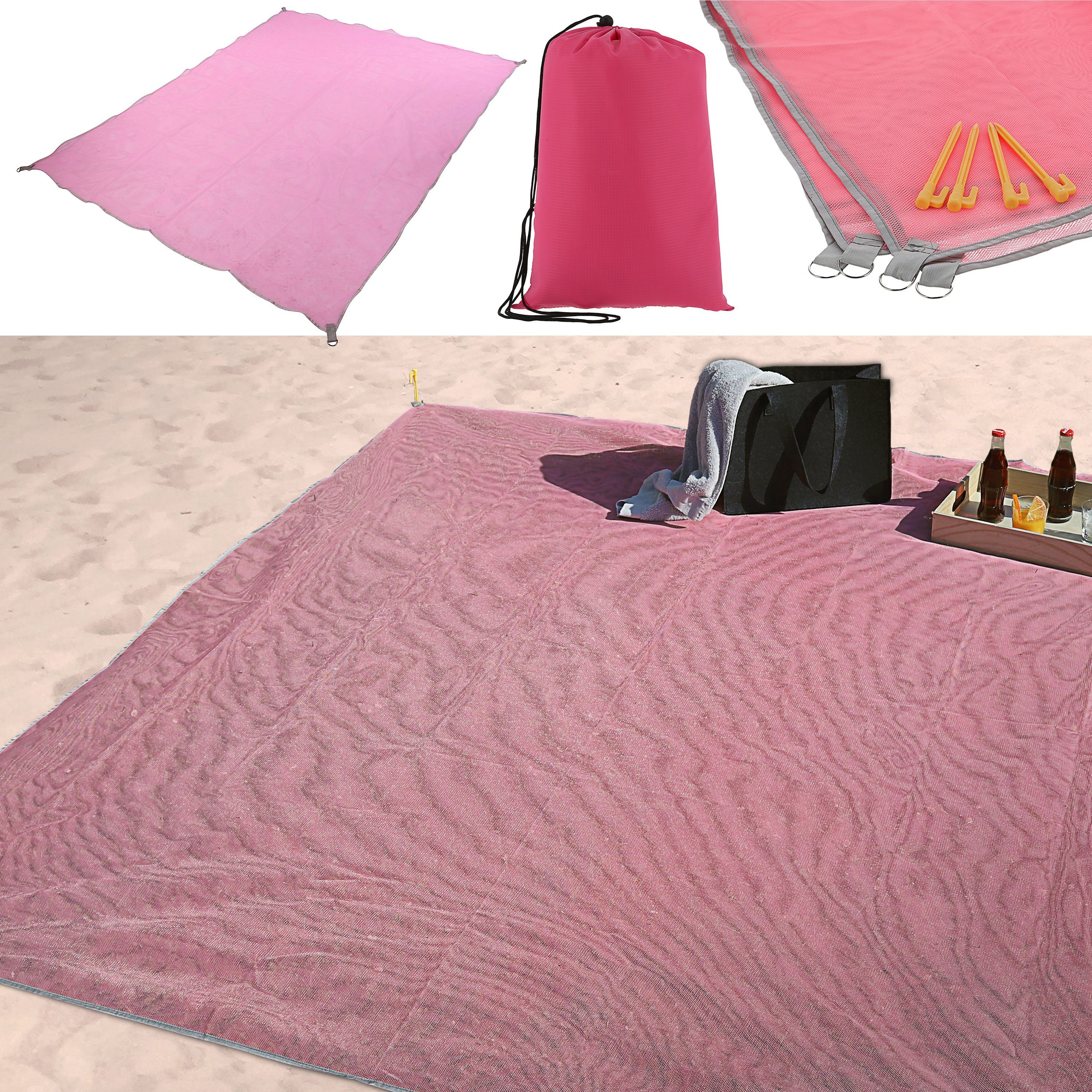 CEPEWA Strandtuch Stranddecke pink sandfrei Beutel 200x200cm Heringe