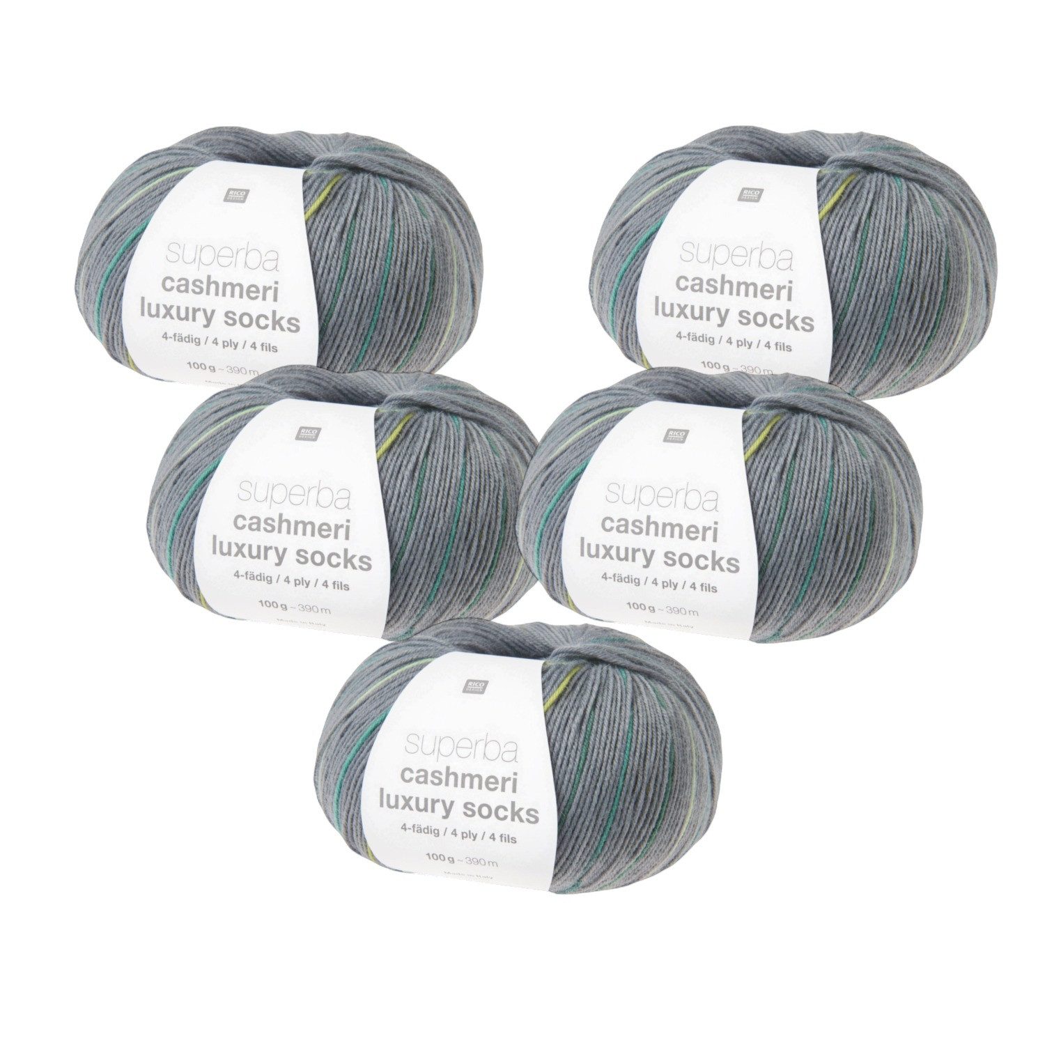 Rico Design 5 x RICO SUPERBA CASHMERI LUXURY SOCKS 4-FÄDIG Häkelwolle, 400 m