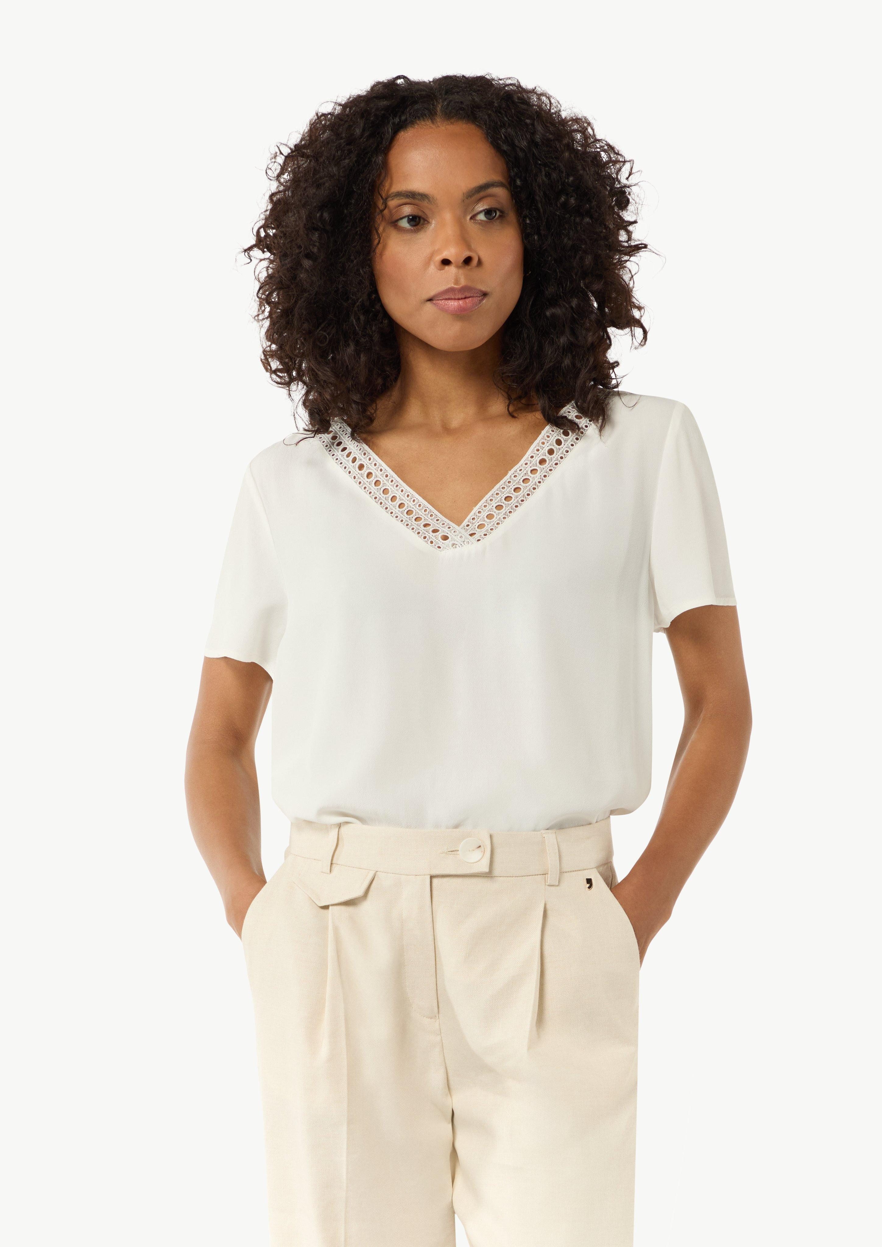 Kurzarmbluse Loose-Fit-Shirt aus Crêpe mit Spitzen-Detail