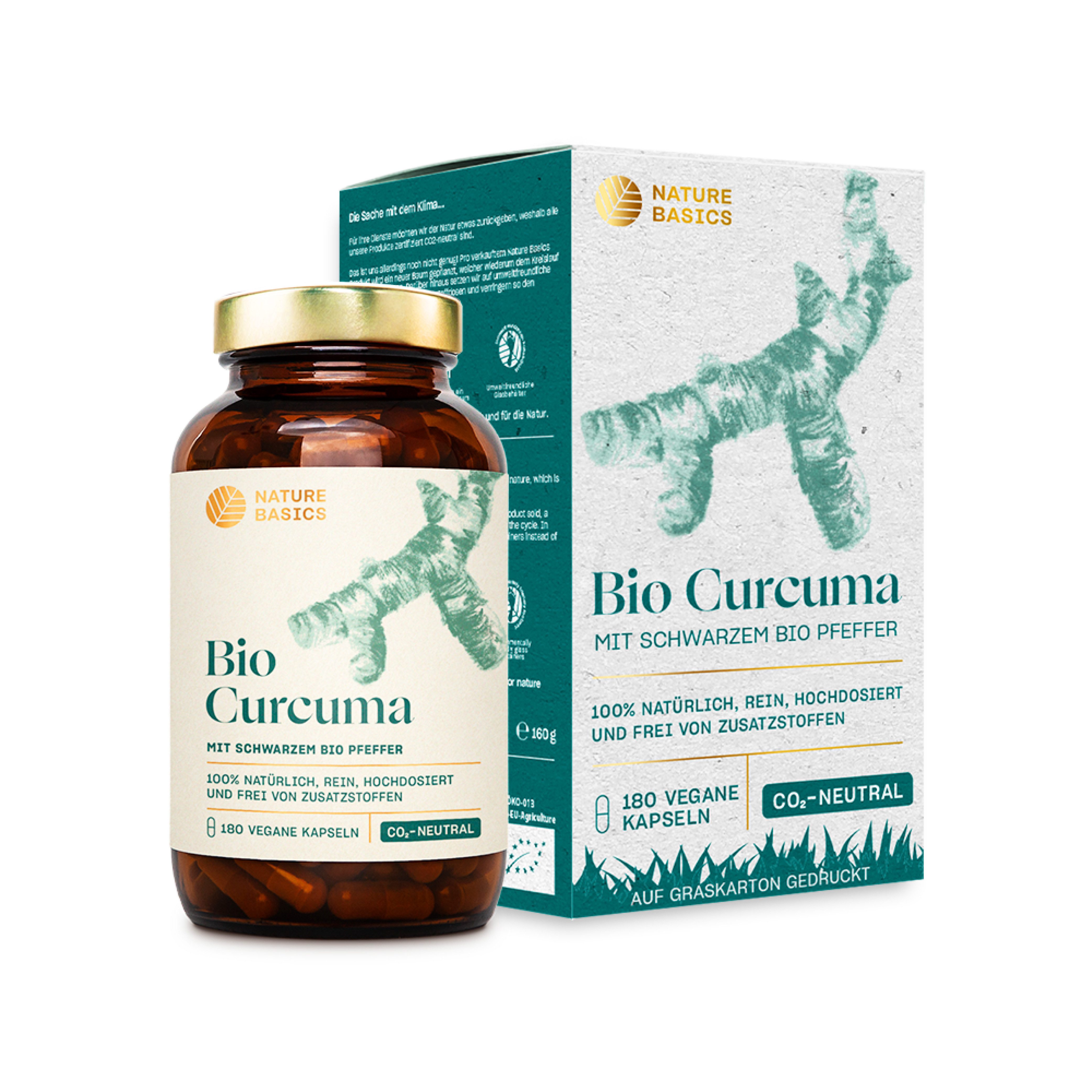 Nature Basics Bio Curcuma mit schwarzem Pfeffer Vegan im Braunglas 180 Kapseln, 180 St., 160 g