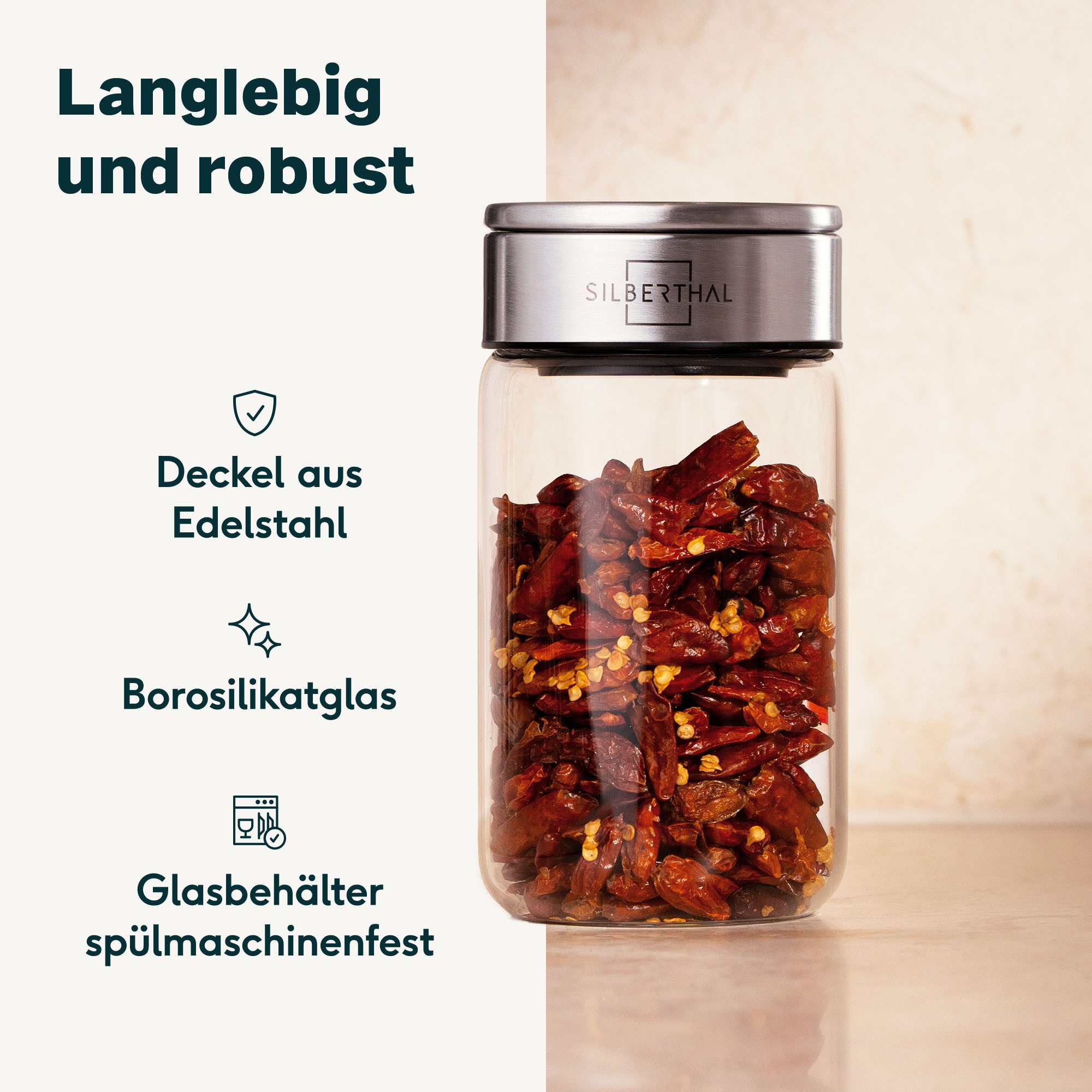 SILBERTHAL Gewürzbehälter Gewürzglas 150ml 12er Set mit Klickdeckel, Glas, Edelstahl, (12er Set 150ml, 12-tlg) – Bild 5 von 5
