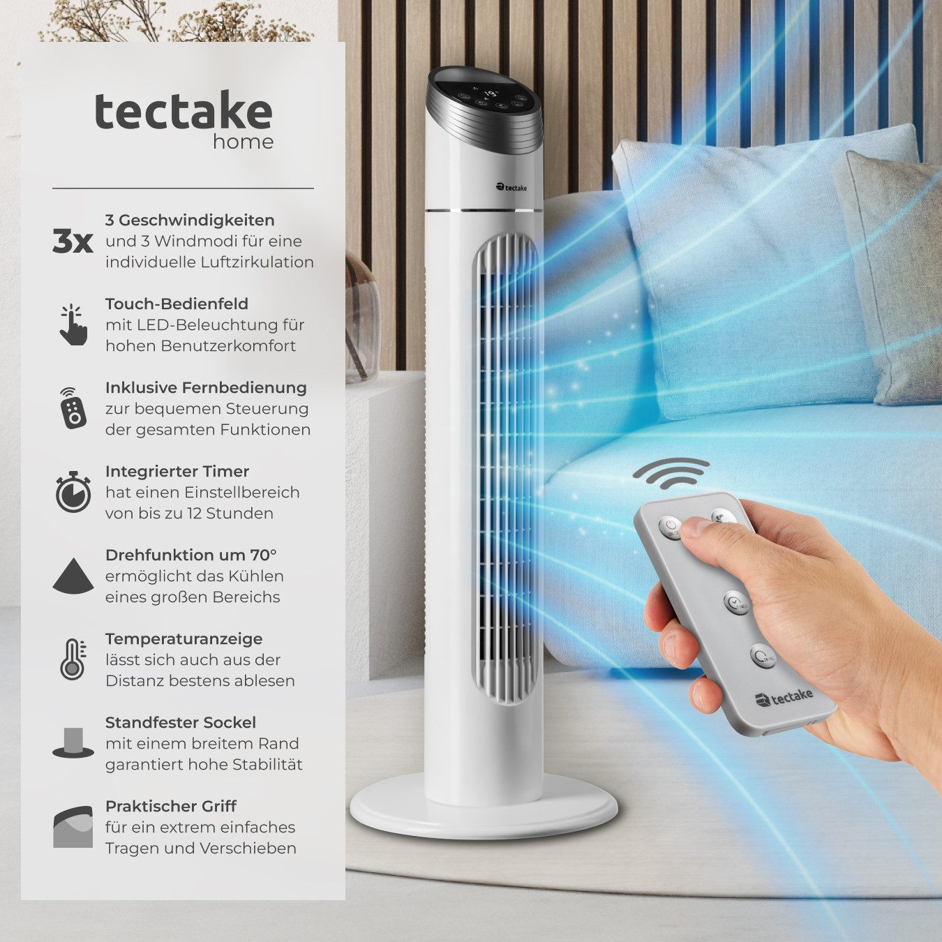 tectake Turmventilator Standventilator 90 cm, 3 günstig online kaufen