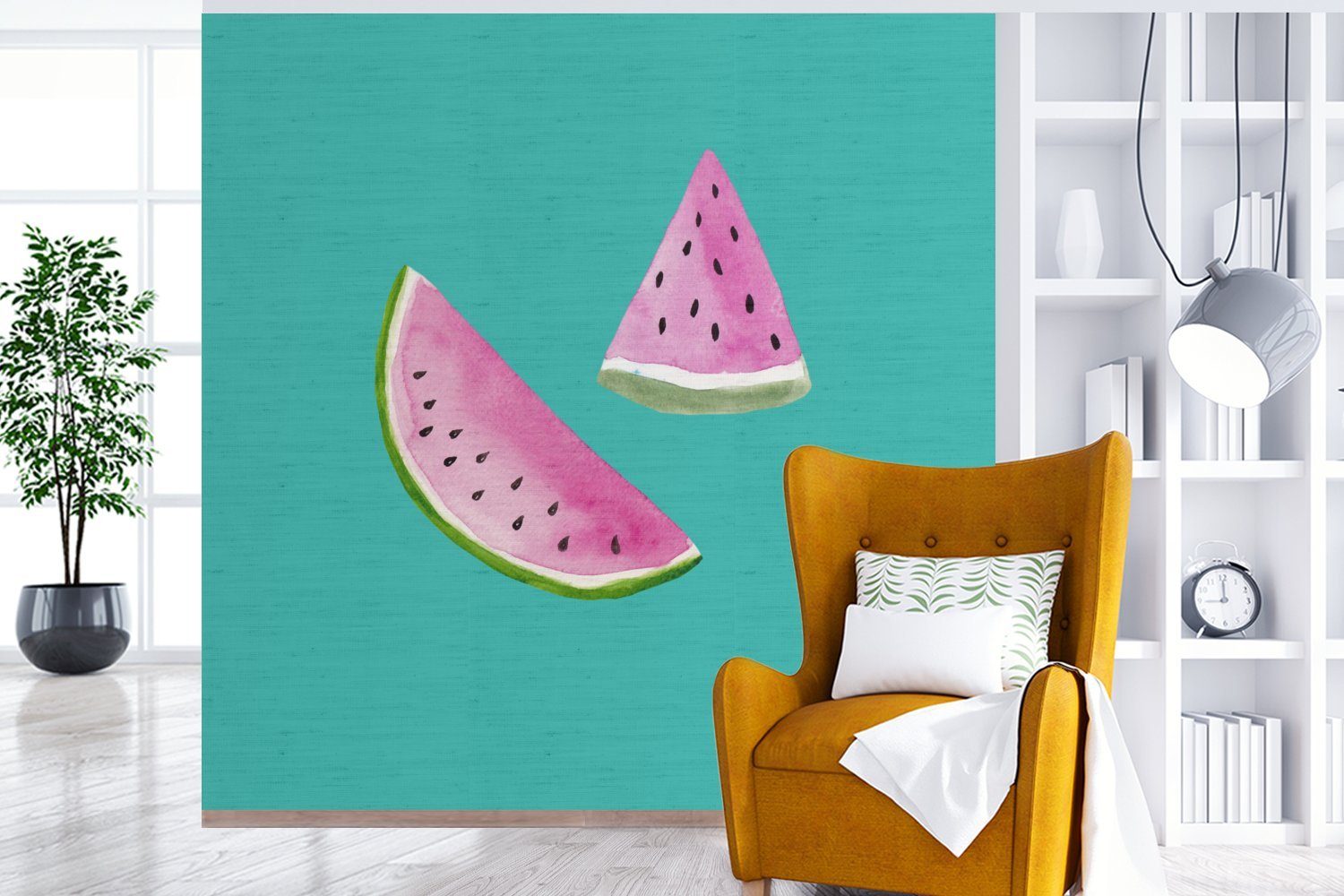 Schlafzimmer, (5 Vinyl Blau, oder - Obst Wandtapete St), - Aquarell Wohnzimmer für - bedruckt, MuchoWow Wassermelone Fototapete Tapete Matt,