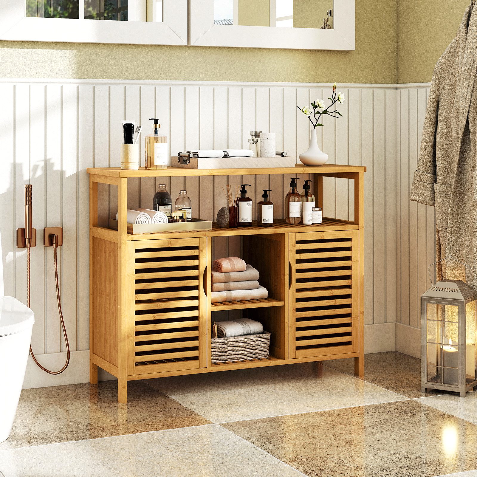 COSTWAY Badkommode, Badezimmerschrank Bambus mit Lamellentüren, 100x35x80cm