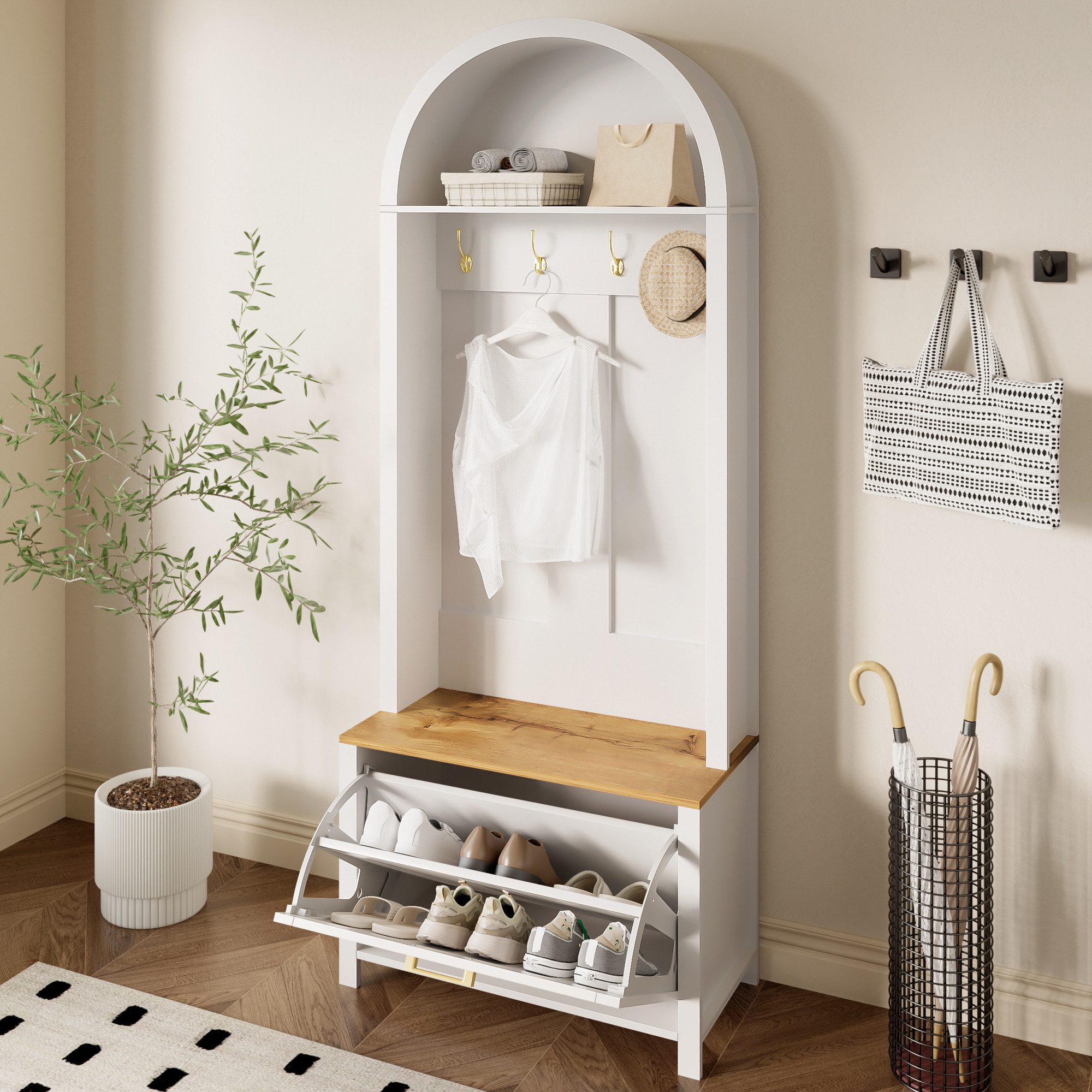 Yorbay Garderobe mit Schuhschrank & Hakenleiste, Moderner Hall Tree für den Flur (195 x 75 x 35 cm), Kompakter Garderobenschrank mit Ablage